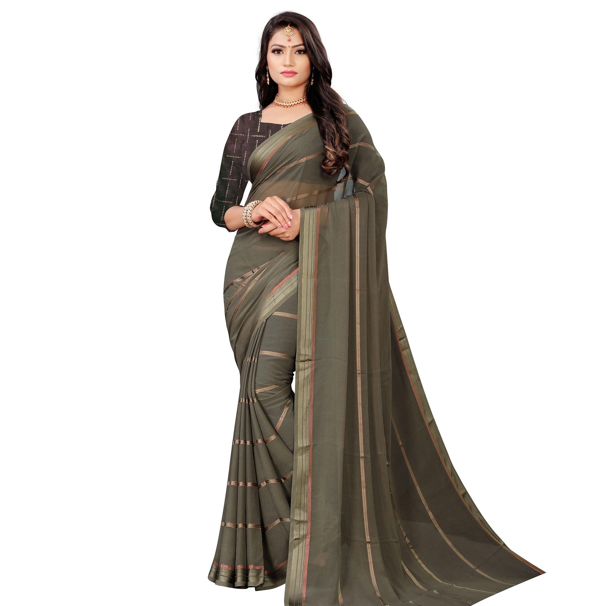 Glowing Grey Colored Casual Wear Georgette Saree - Peachmode