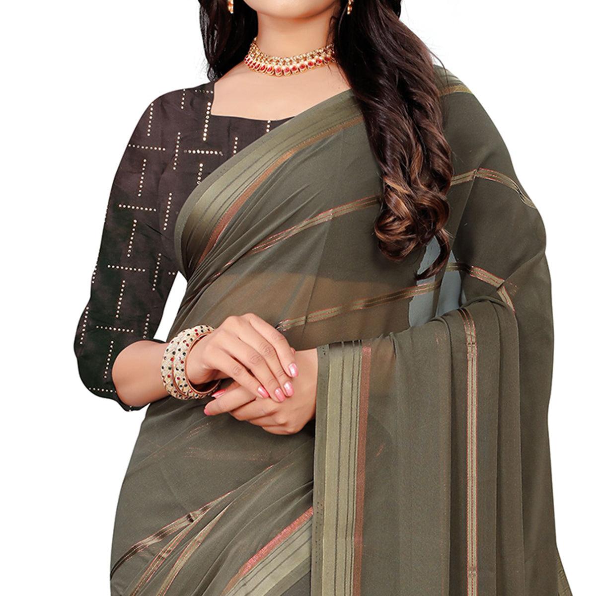 Glowing Grey Colored Casual Wear Georgette Saree - Peachmode