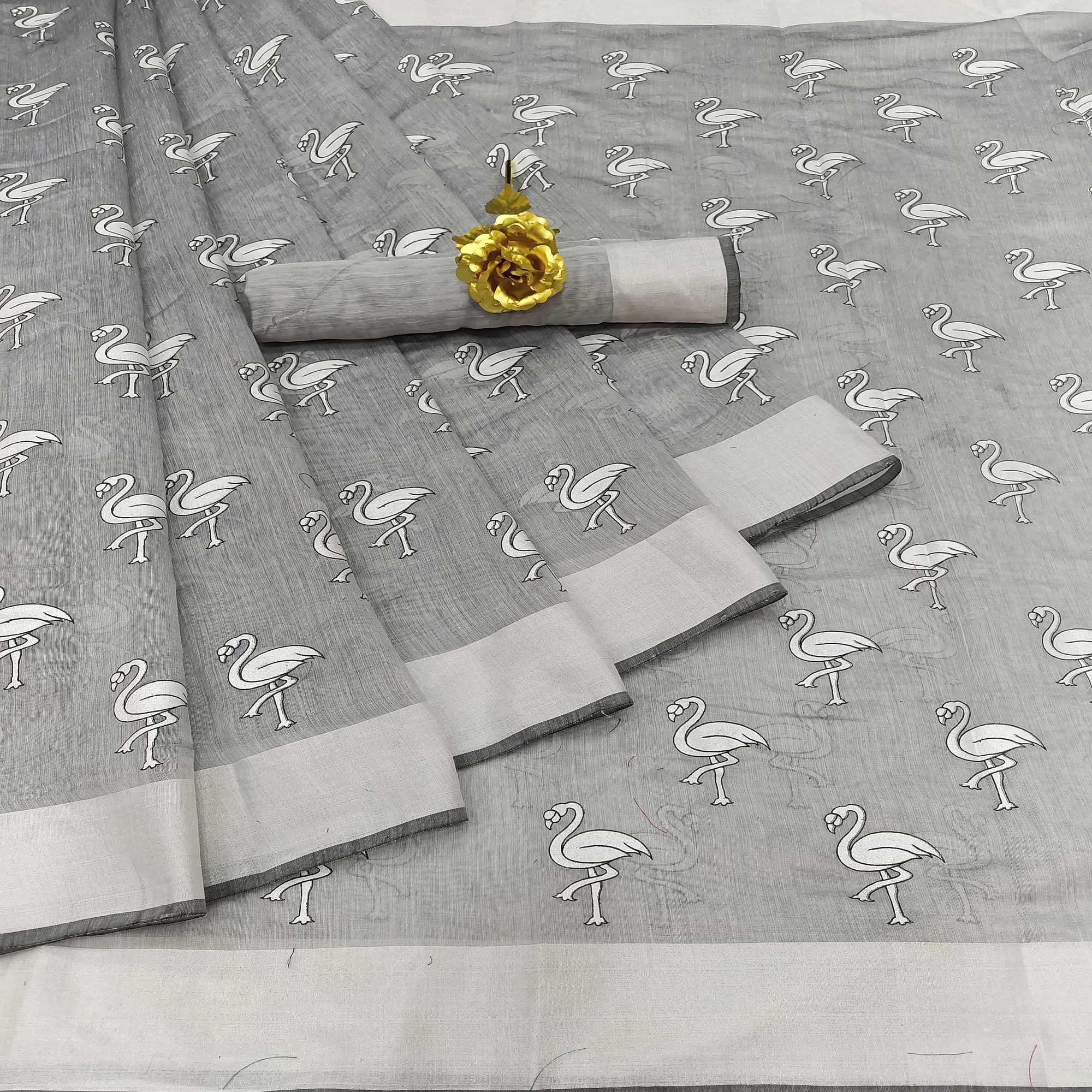 Glowing Grey Colored Casual Wear Printed Cotton Linen Saree - Peachmode
