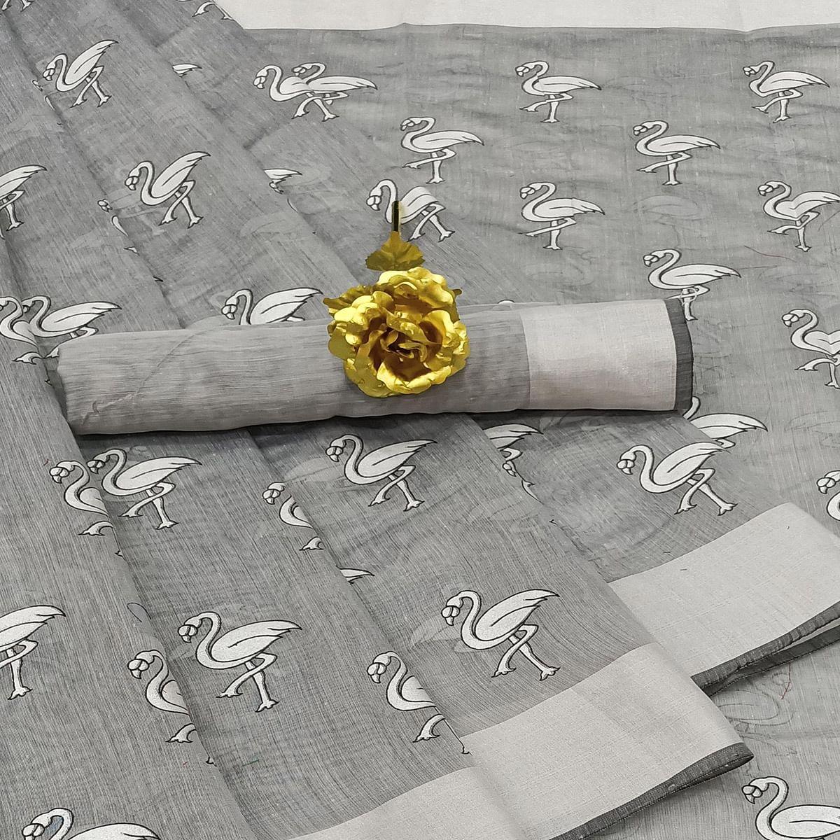 Glowing Grey Colored Casual Wear Printed Cotton Linen Saree - Peachmode