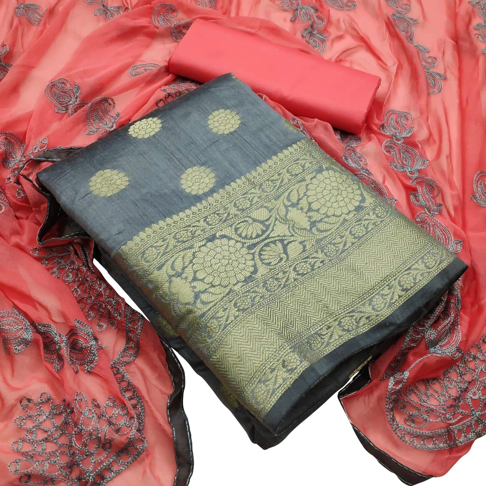 Glowing Grey Colored Casual Wear Woven Banarasi Silk Dress Material - Peachmode