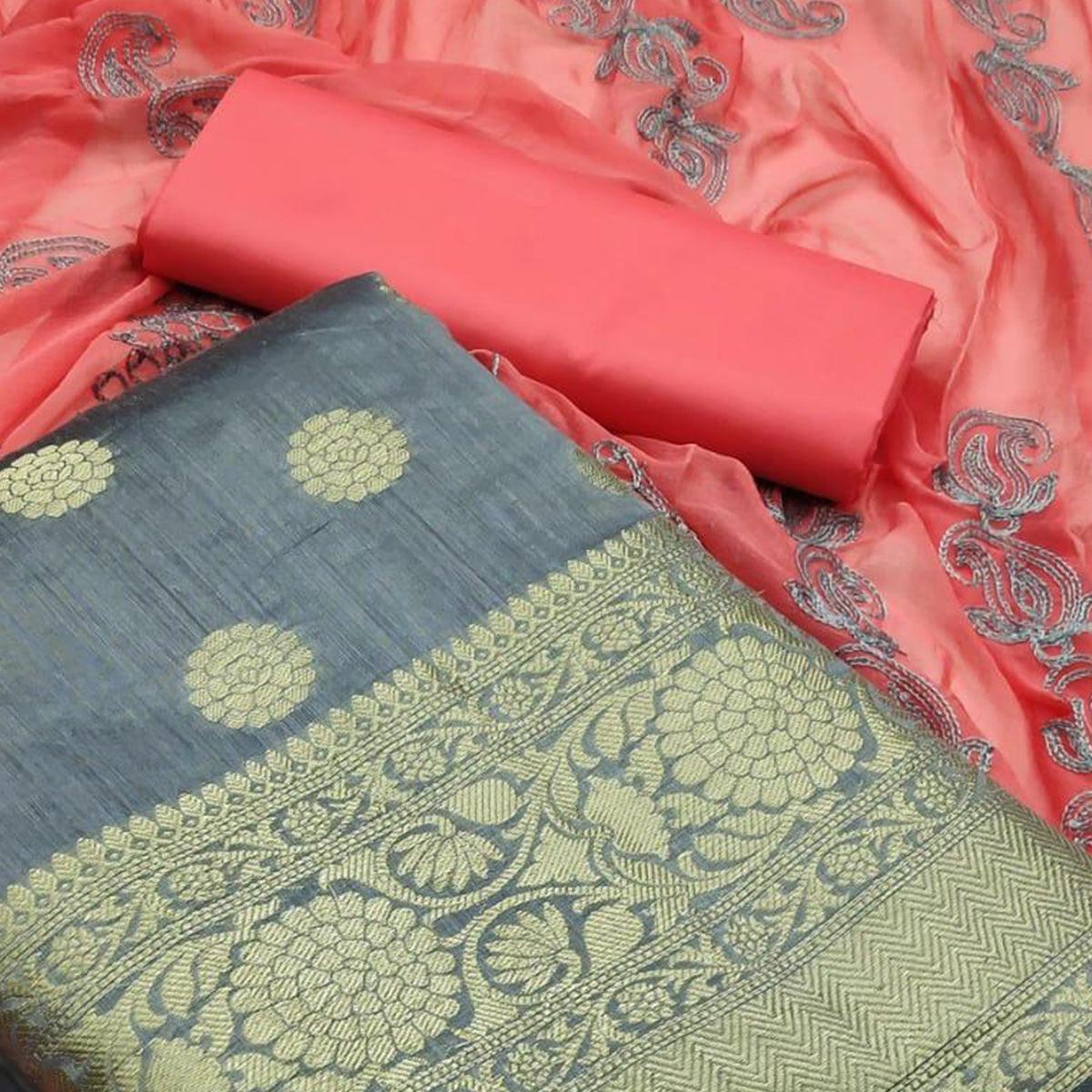 Glowing Grey Colored Casual Wear Woven Banarasi Silk Dress Material - Peachmode