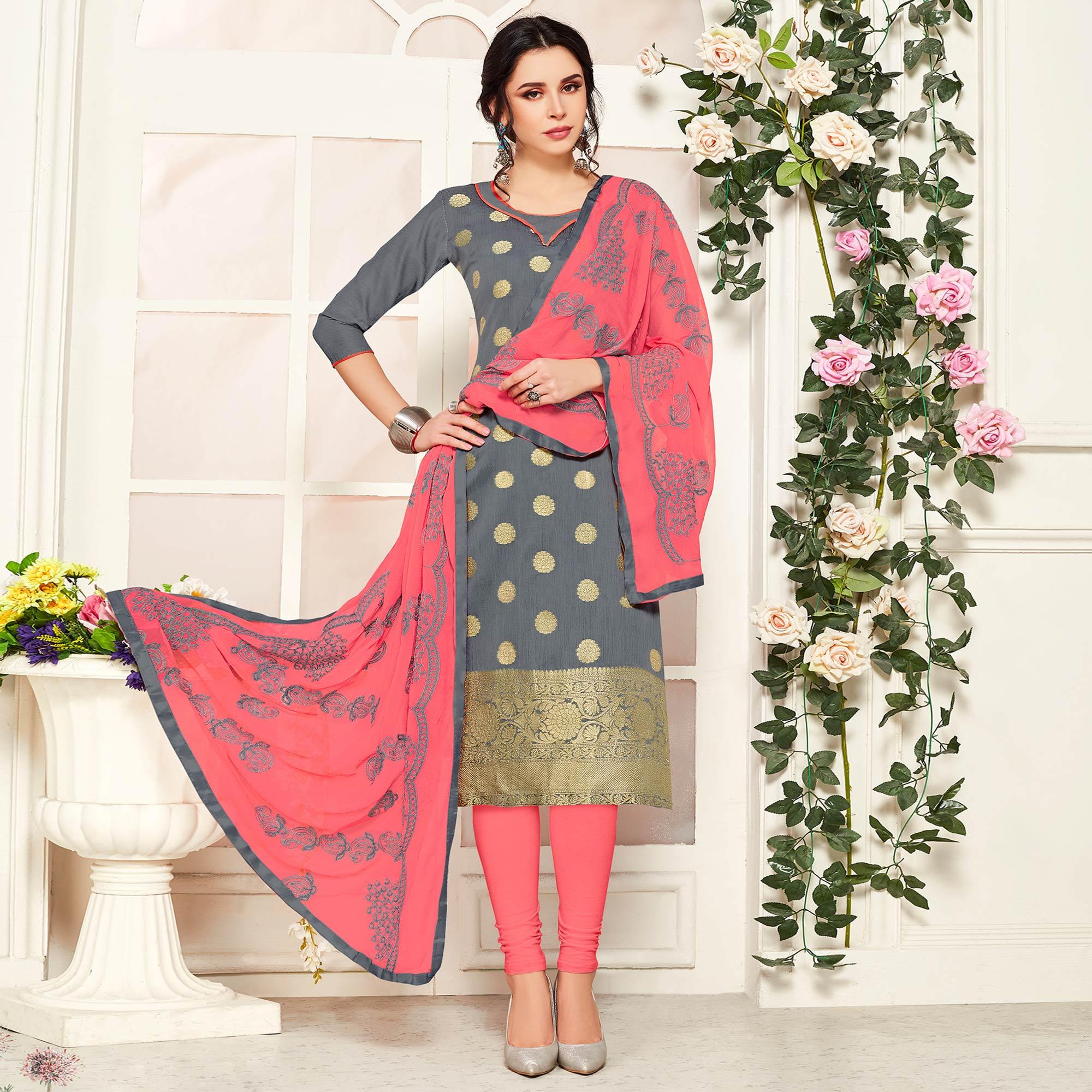 Glowing Grey Colored Casual Wear Woven Banarasi Silk Dress Material - Peachmode