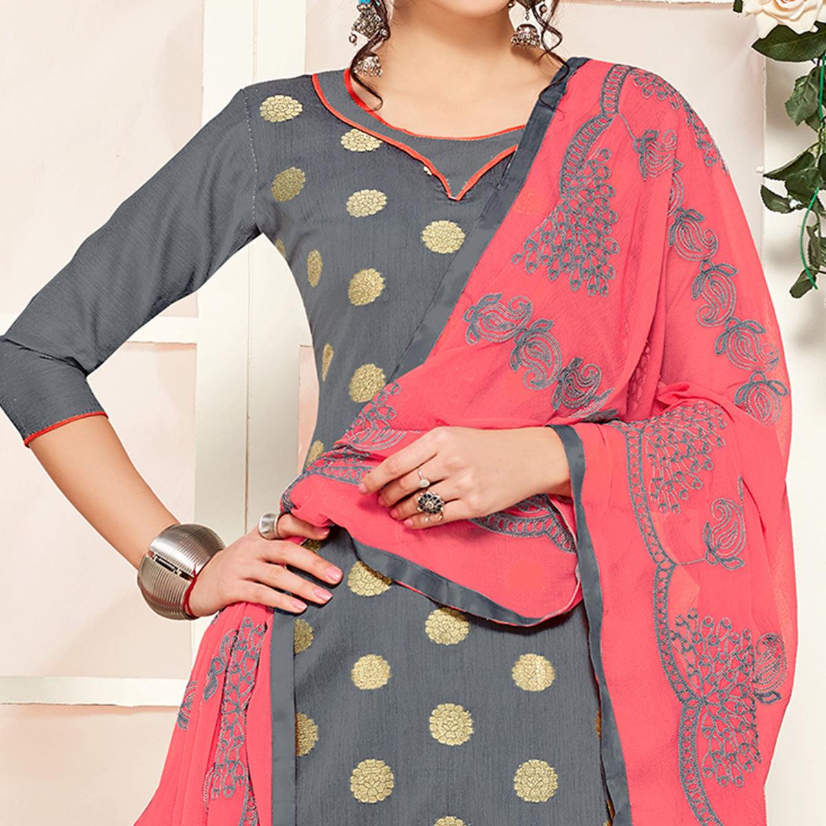 Glowing Grey Colored Casual Wear Woven Banarasi Silk Dress Material - Peachmode