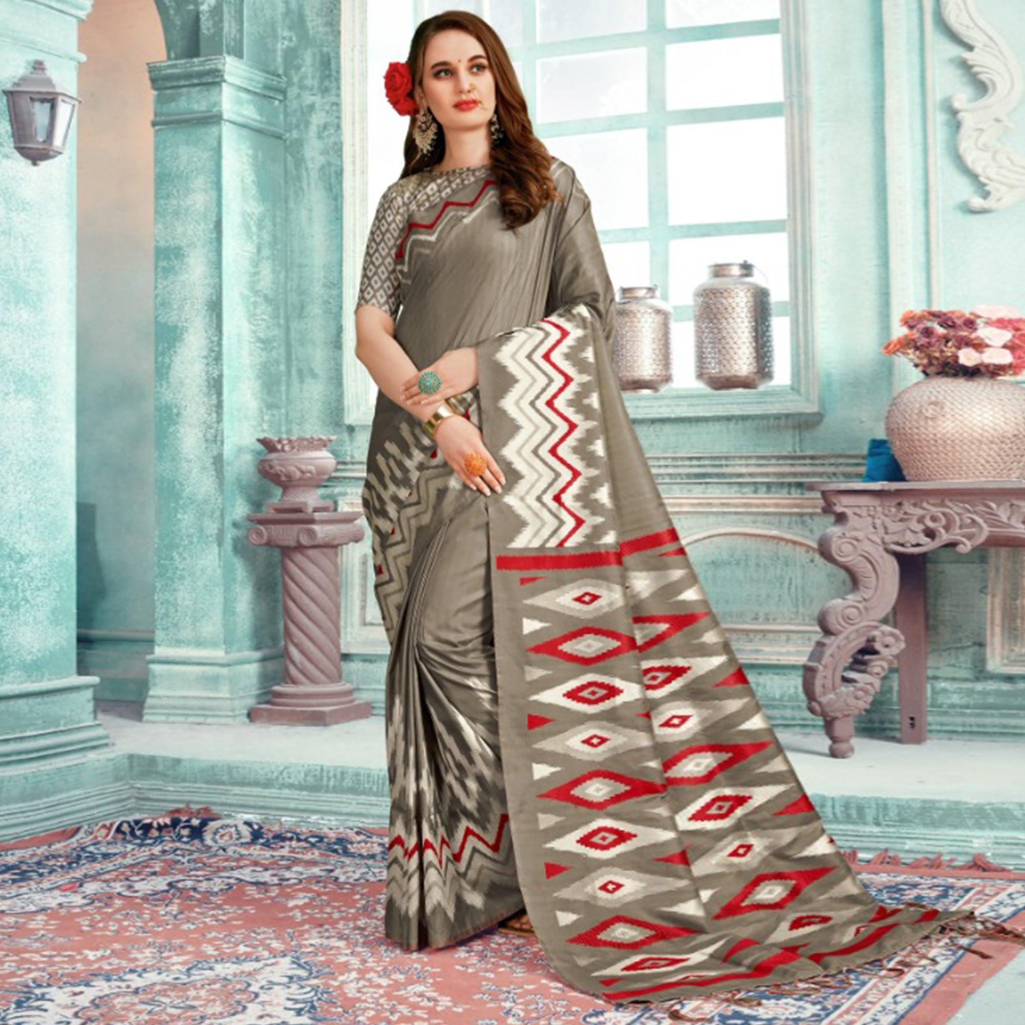 Glowing Grey Colored Festive Wear Printed Cotton Silk Saree With Tassels - Peachmode