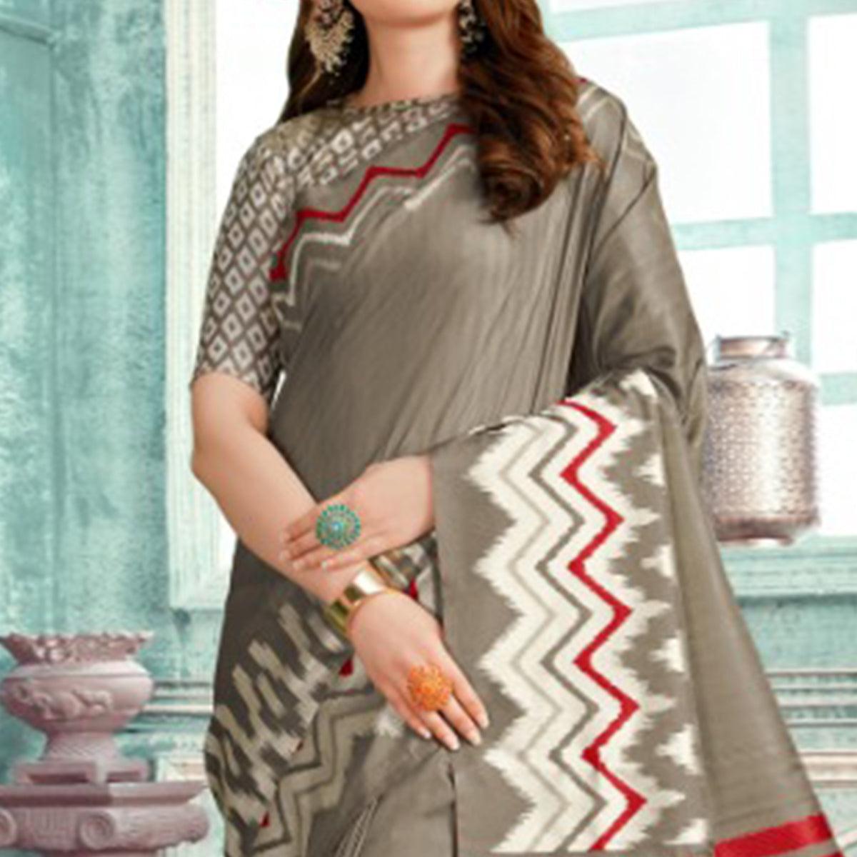 Glowing Grey Colored Festive Wear Printed Cotton Silk Saree With Tassels - Peachmode
