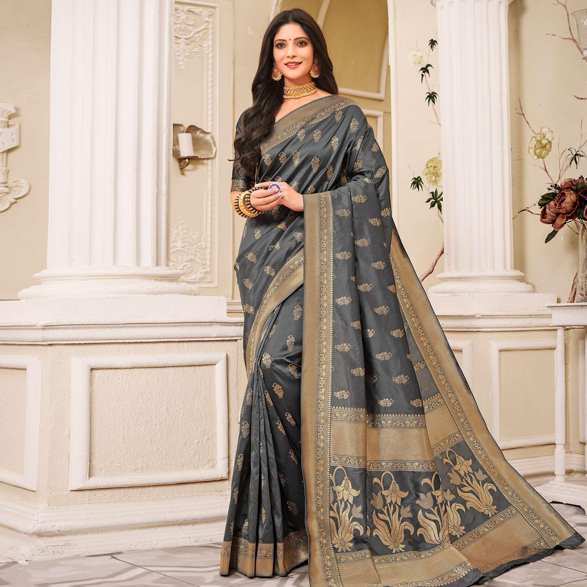 Glowing Grey Colored Festive Wear Woven Banarasi Silk Saree - Peachmode