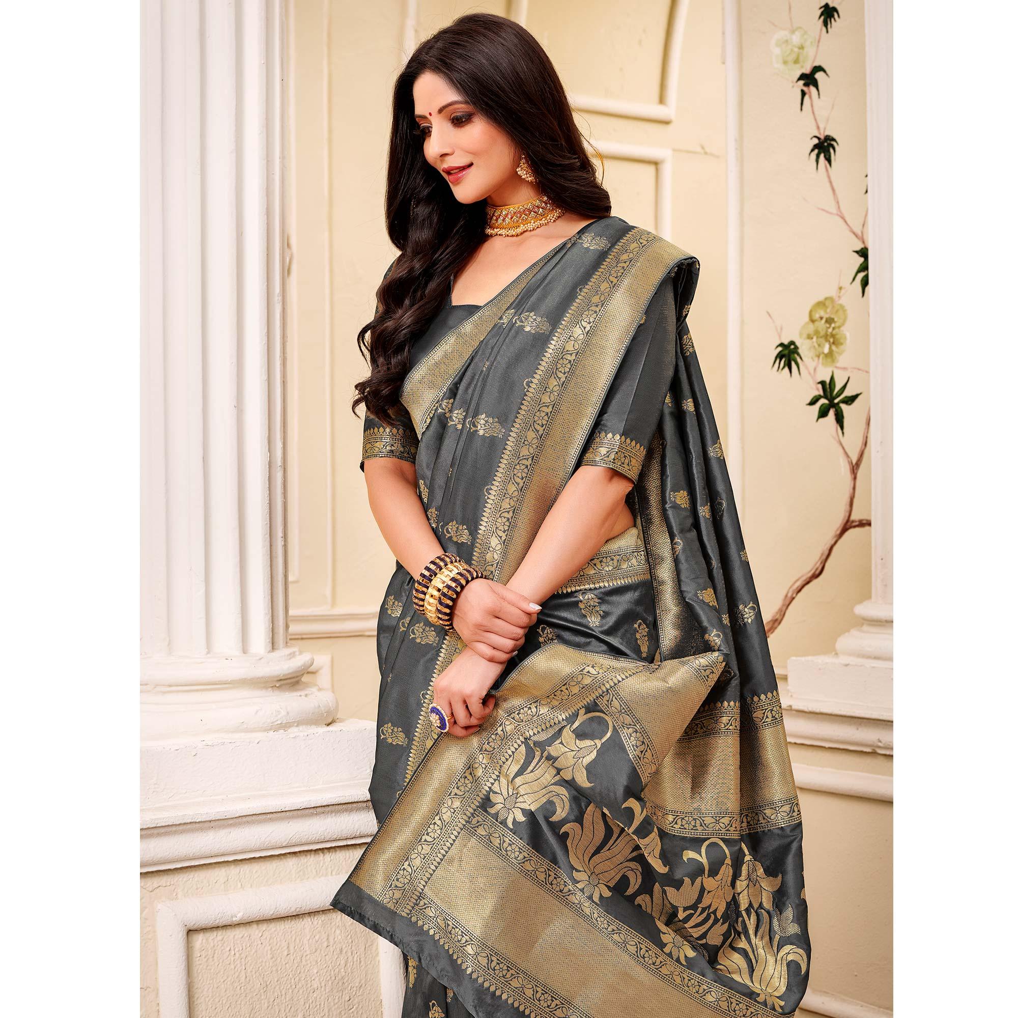 Glowing Grey Colored Festive Wear Woven Banarasi Silk Saree - Peachmode