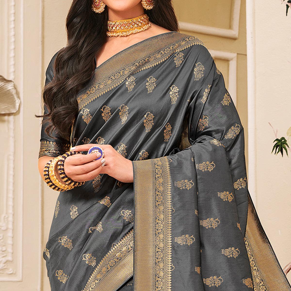 Glowing Grey Colored Festive Wear Woven Banarasi Silk Saree - Peachmode
