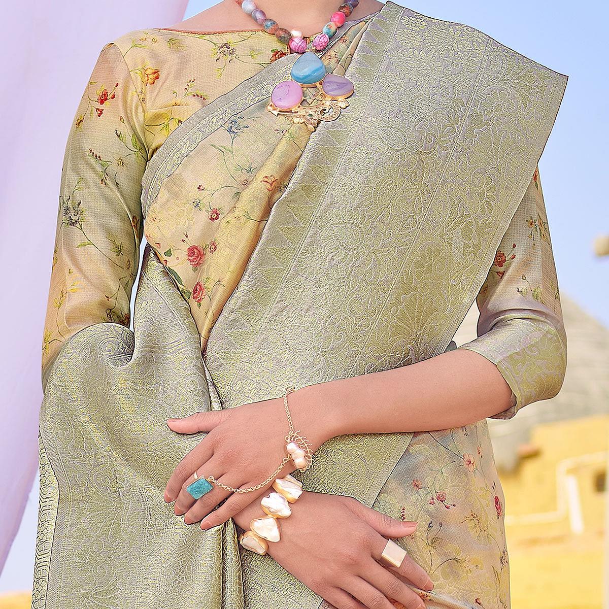 Glowing Grey Colored Festive Wear Woven Silk Saree - Peachmode