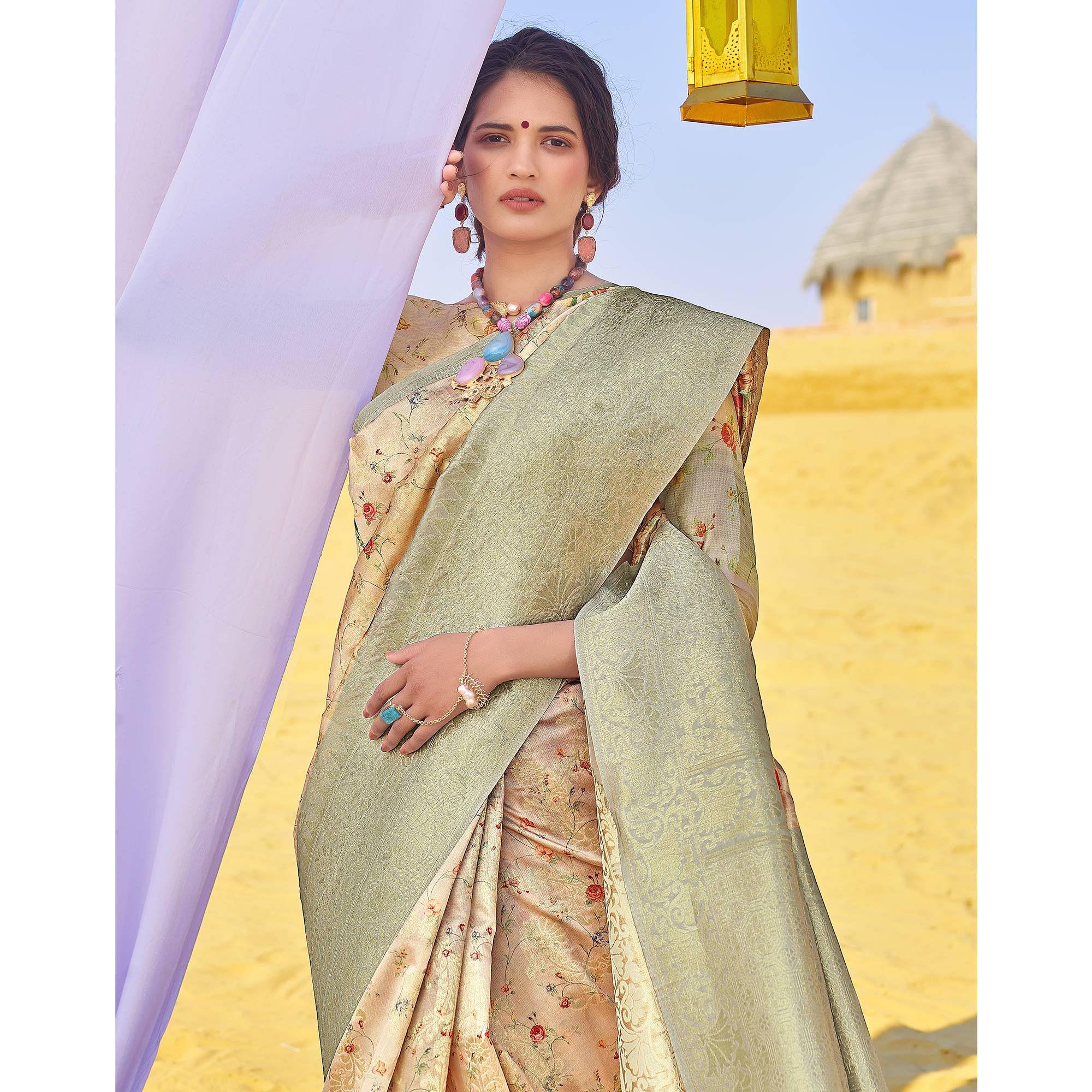 Glowing Grey Colored Festive Wear Woven Silk Saree - Peachmode