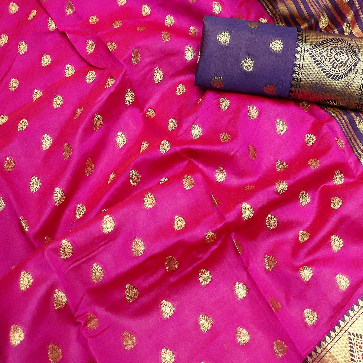 Glowing Hot Pink Colored Festive Wear Woven Litchi Kota Silk Saree - Peachmode