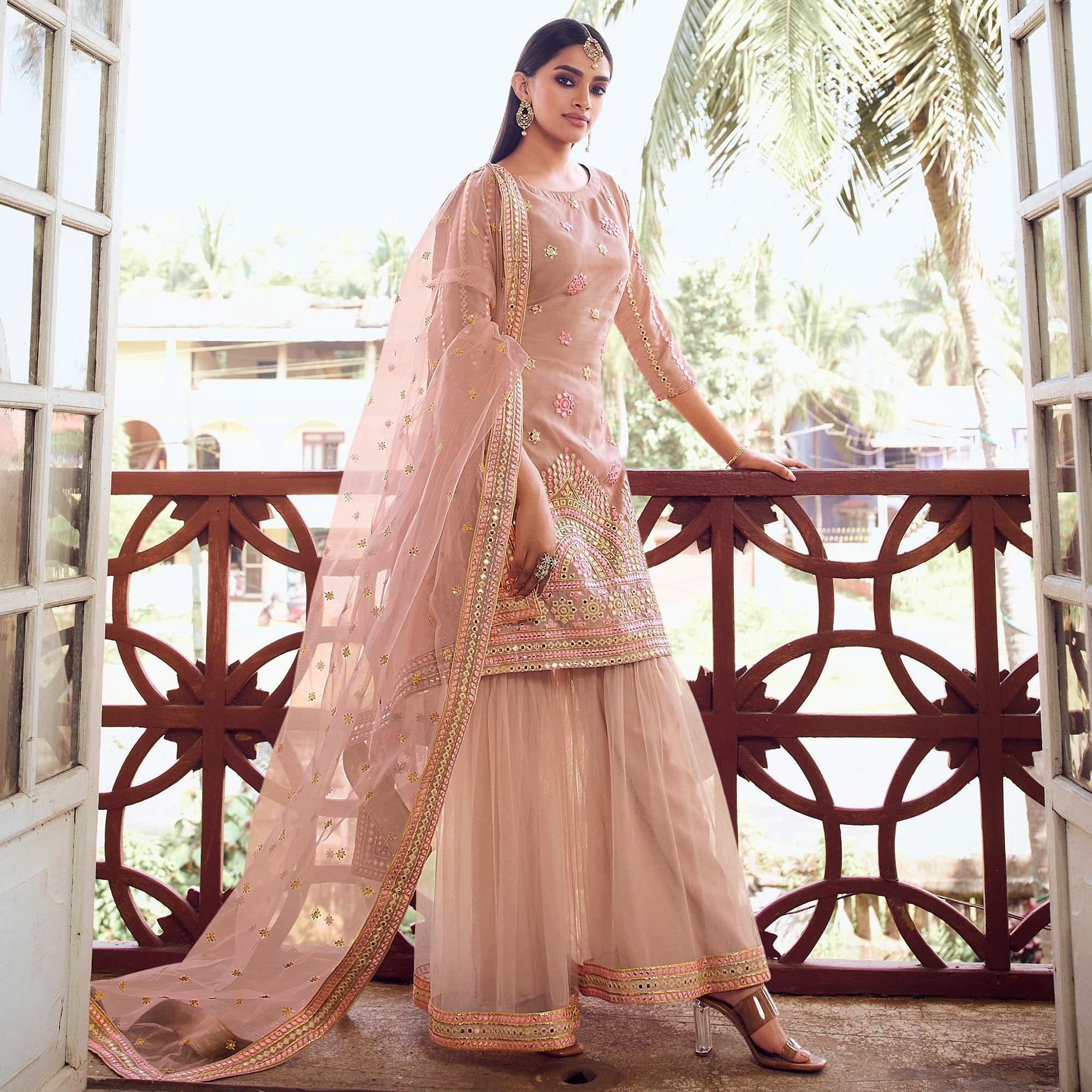 Glowing Light Peach Coloured Partywear Thread Foil Mirror Work Organza Pallazo Suit - Peachmode