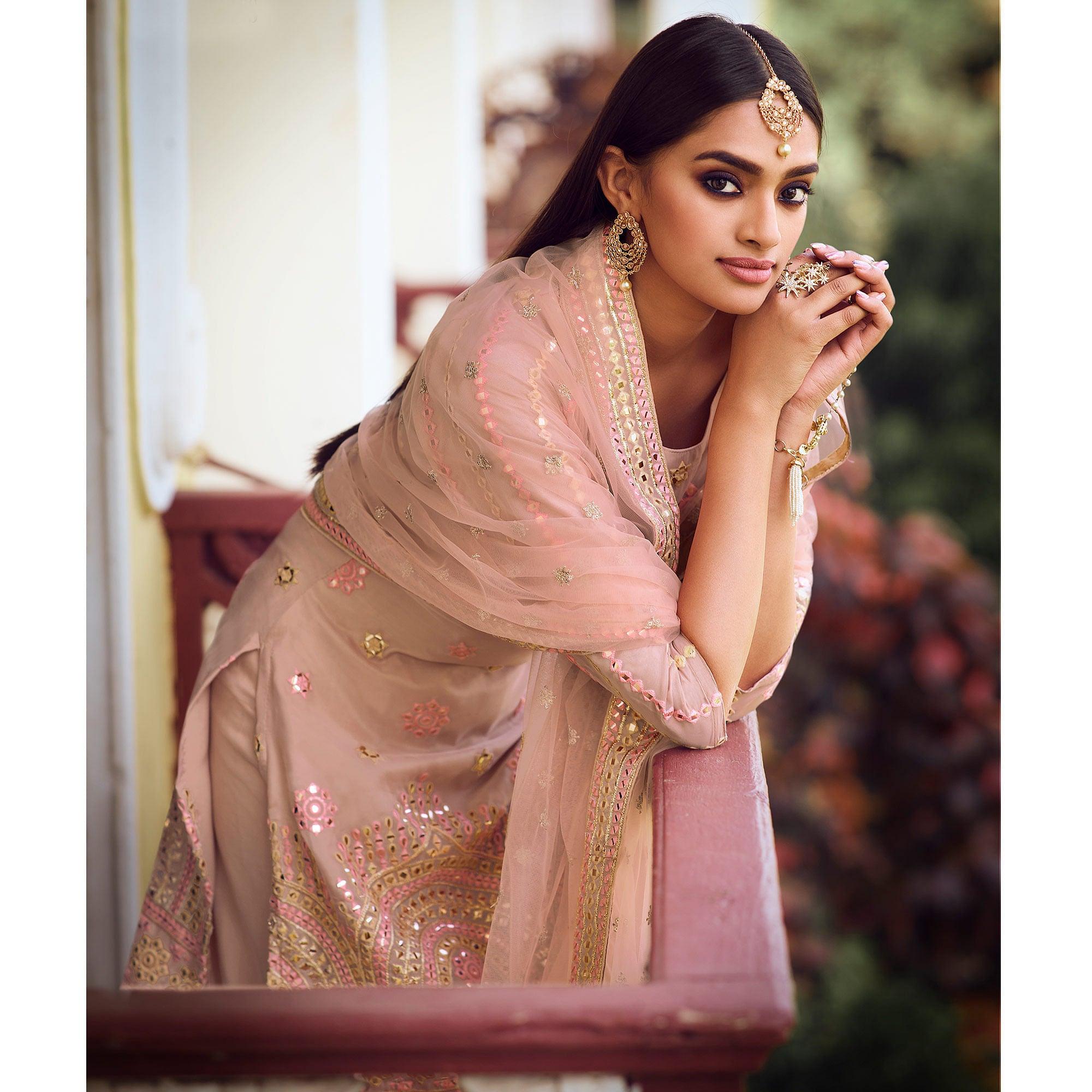 Glowing Light Peach Coloured Partywear Thread Foil Mirror Work Organza Pallazo Suit - Peachmode