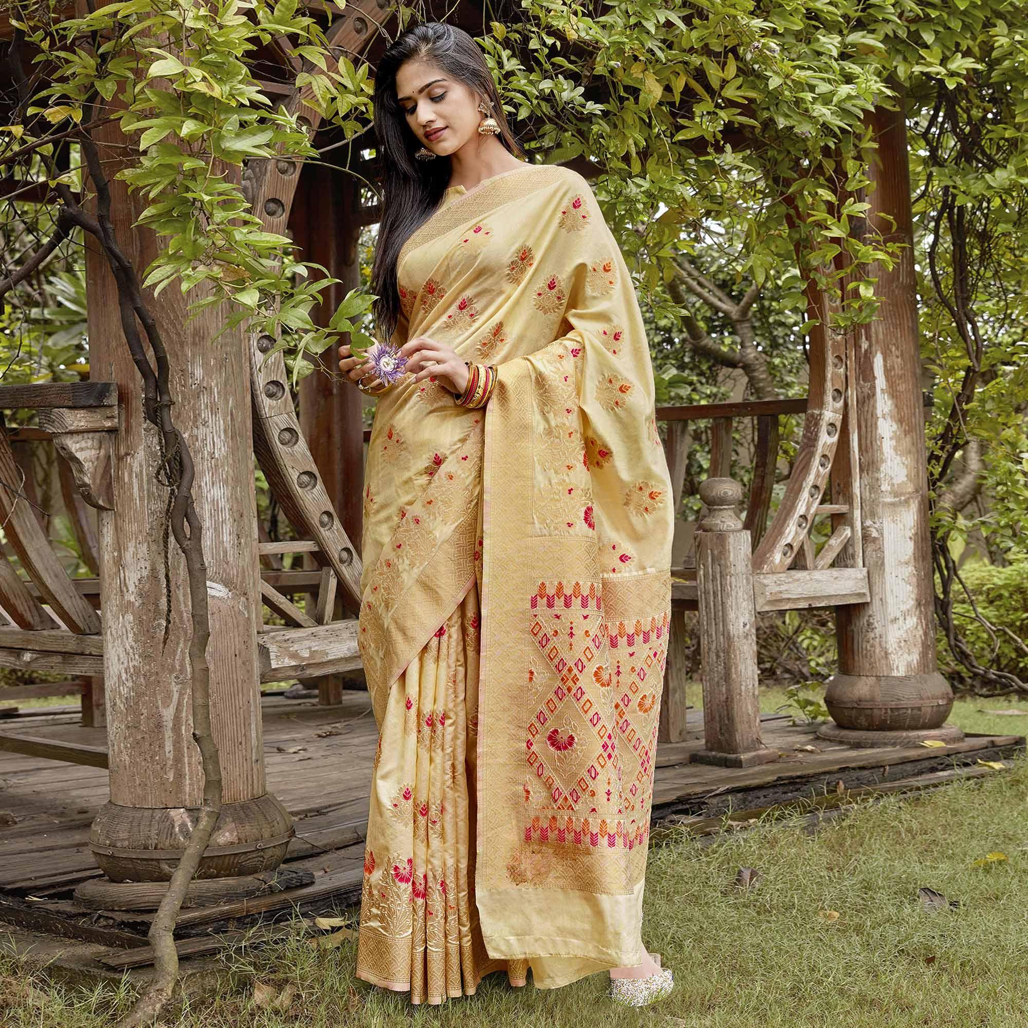 Glowing Light Yellow Colored Festive Wear Woven Silk Saree - Peachmode