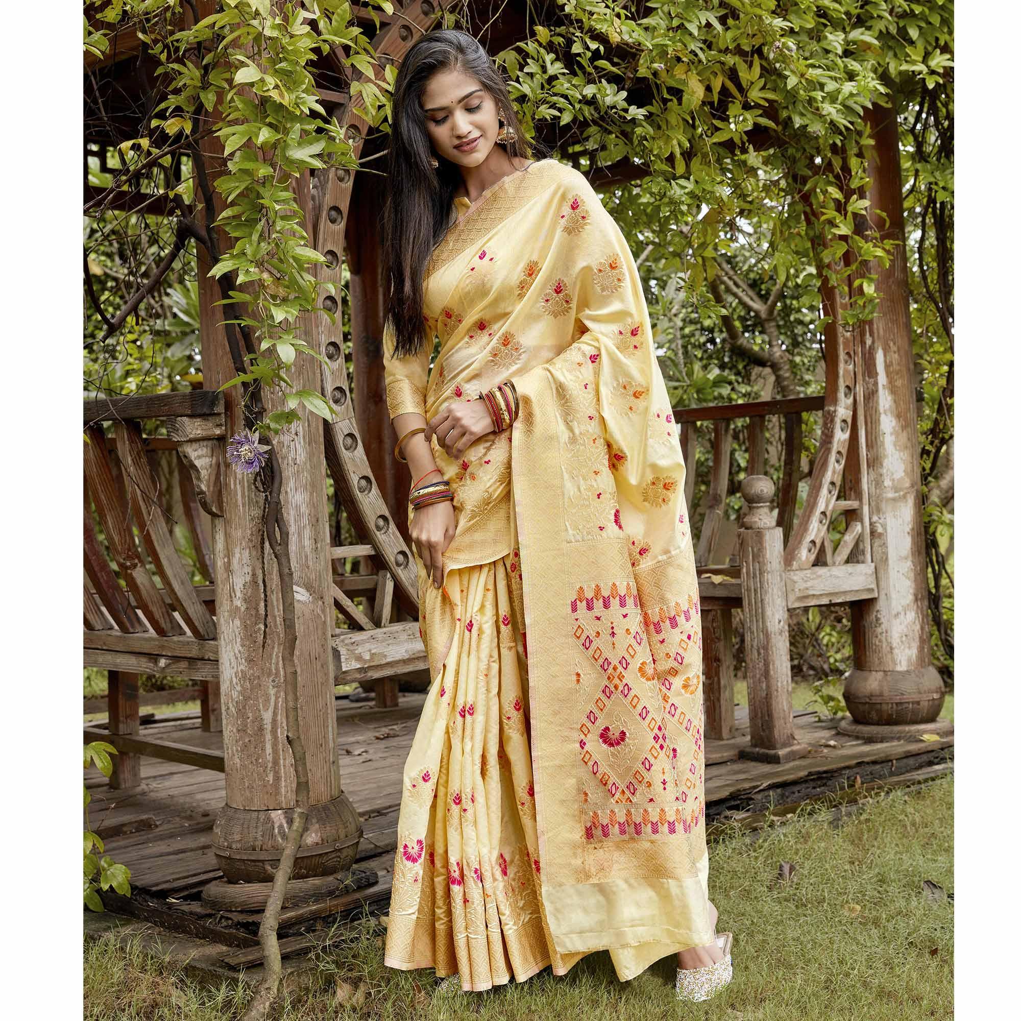 Glowing Light Yellow Colored Festive Wear Woven Silk Saree - Peachmode