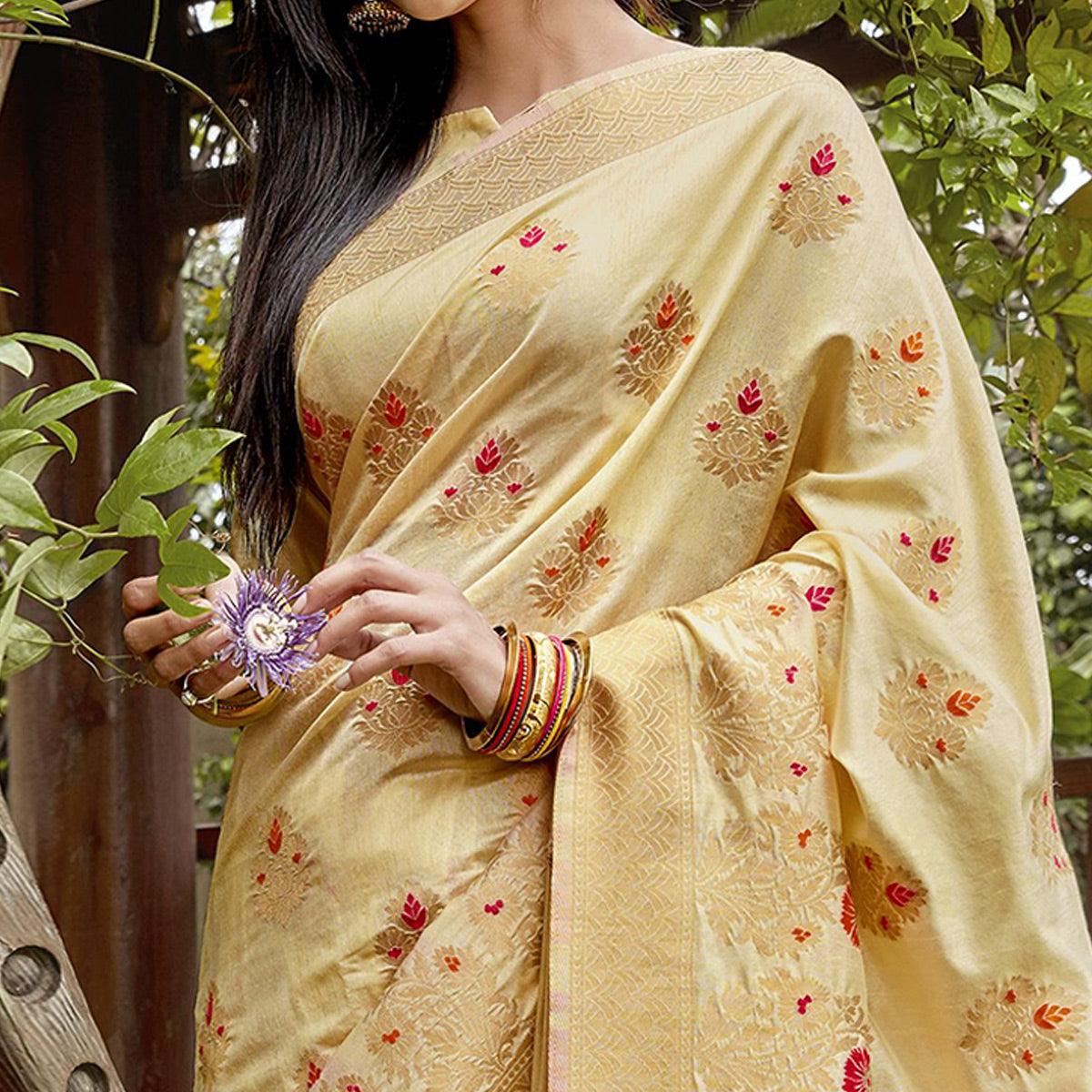 Glowing Light Yellow Colored Festive Wear Woven Silk Saree - Peachmode
