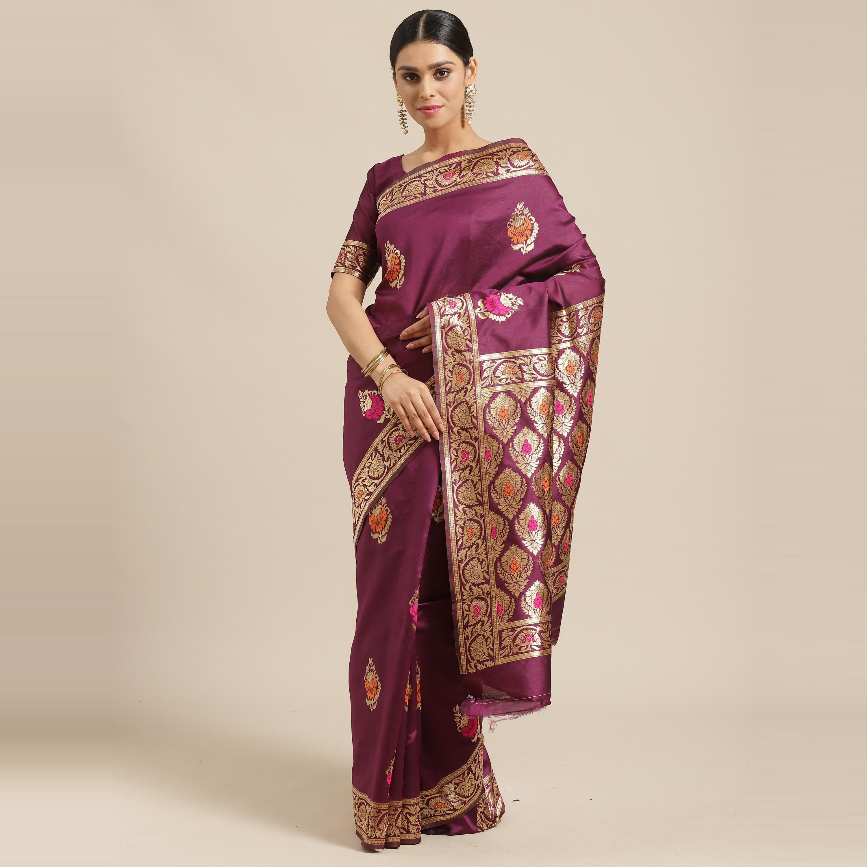 Glowing Magenta Colored Festive Wear Woven Silk Blend Saree - Peachmode