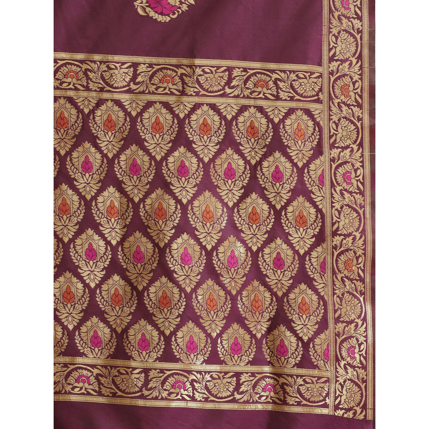 Glowing Magenta Colored Festive Wear Woven Silk Blend Saree - Peachmode
