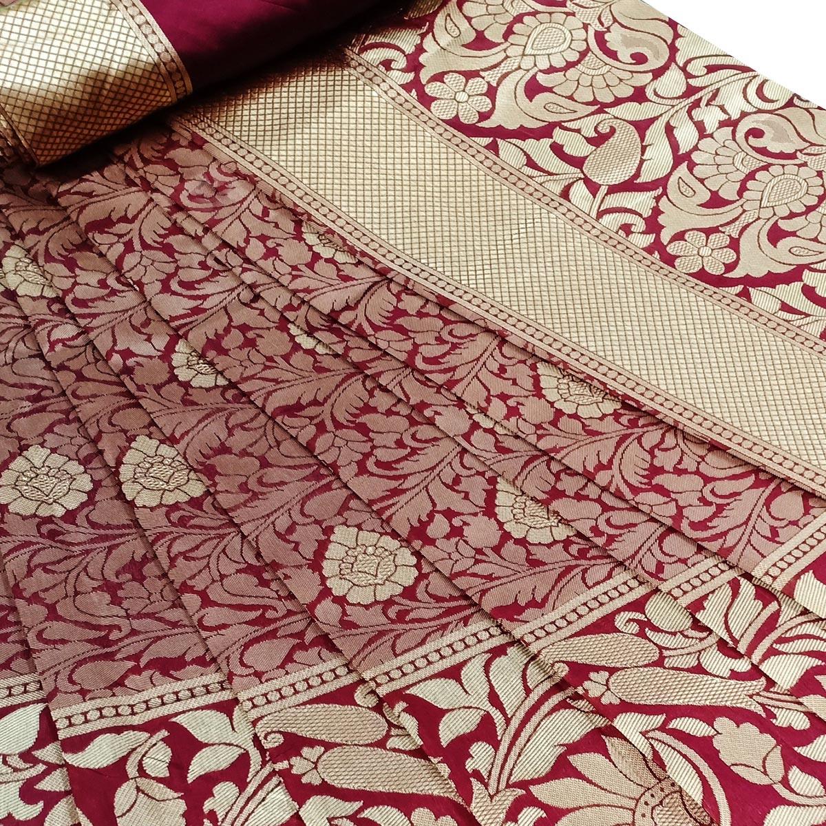 Glowing Maroon Colored Festive Wear Woven Litchi Jacquard Silk Saree - Peachmode
