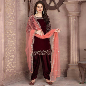 Glowing Maroon Colored Partywear Embroidered Velvet Patiala Suit - Peachmode