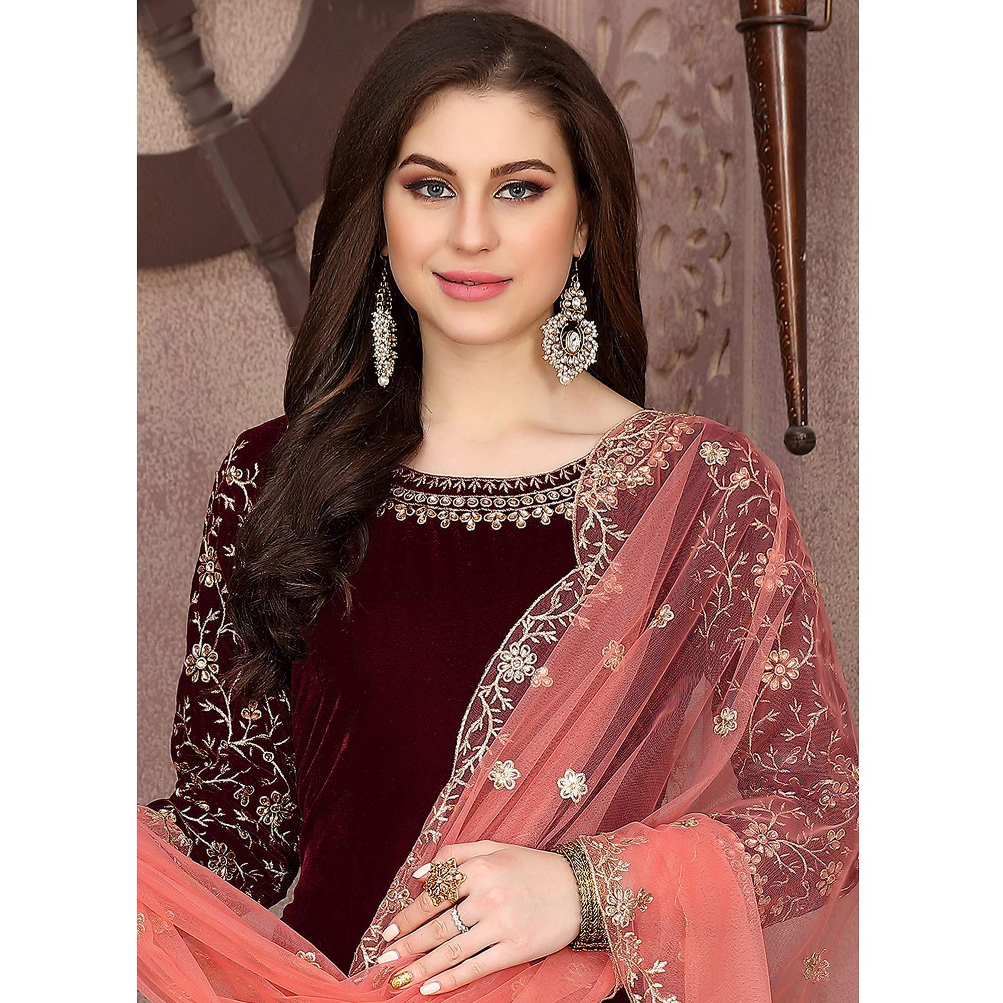 Glowing Maroon Colored Partywear Embroidered Velvet Patiala Suit - Peachmode