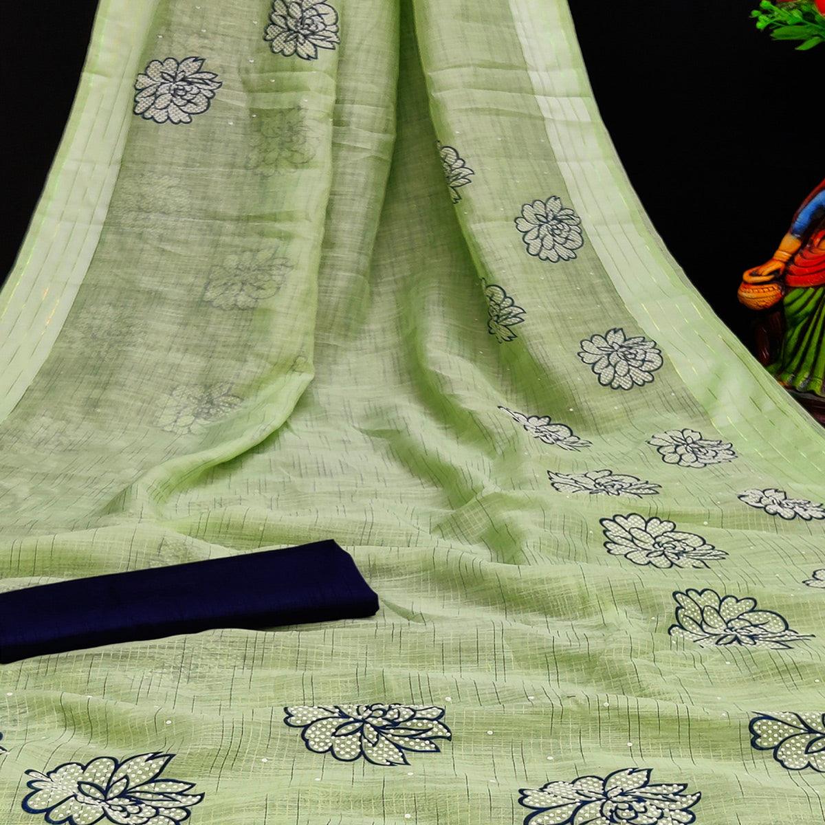 Glowing Mehendi Coloured Striped Pattern Printed Casual Wear Cotton Saree - Peachmode