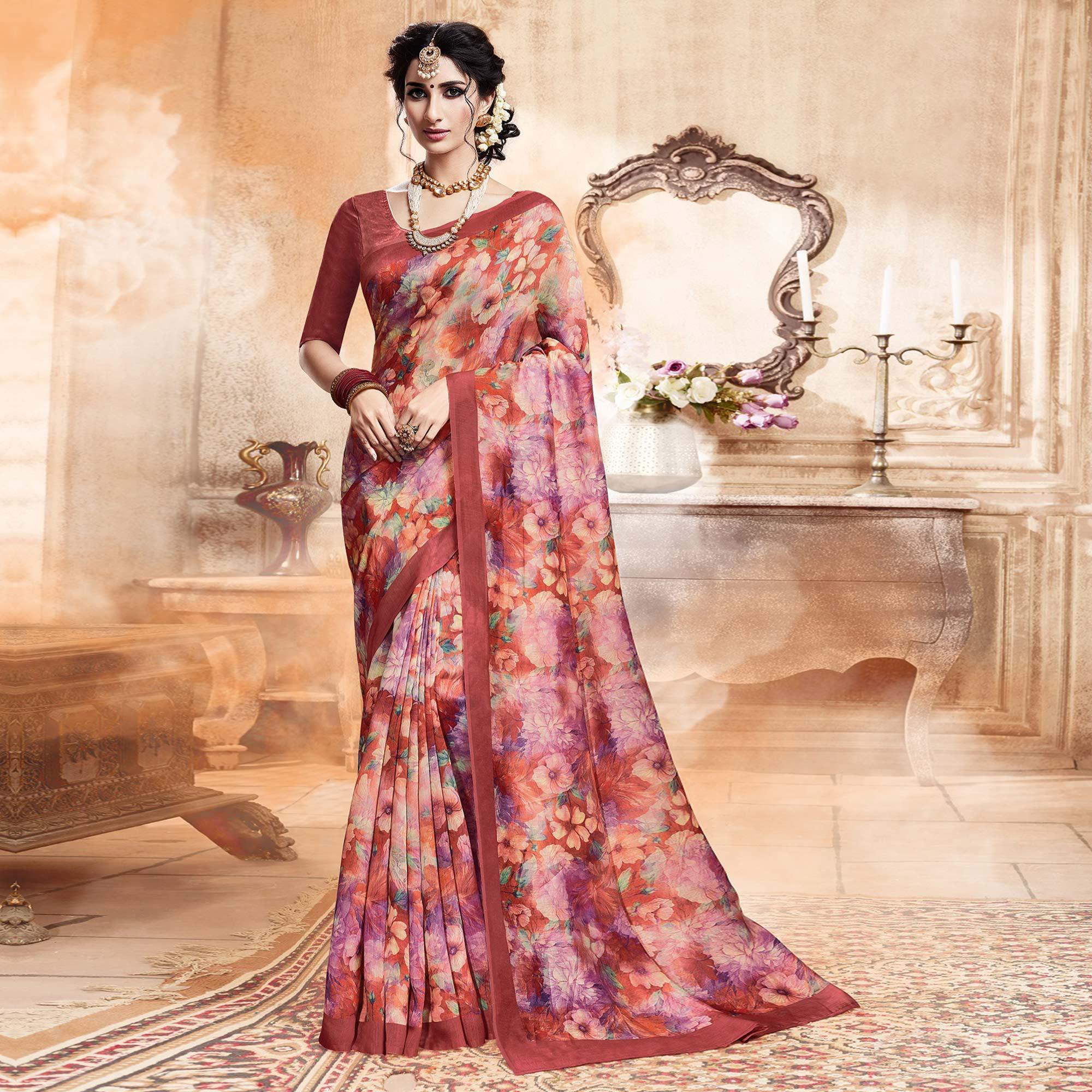 Glowing Multi Colored Casual Digital Printed Art Silk Saree - Peachmode