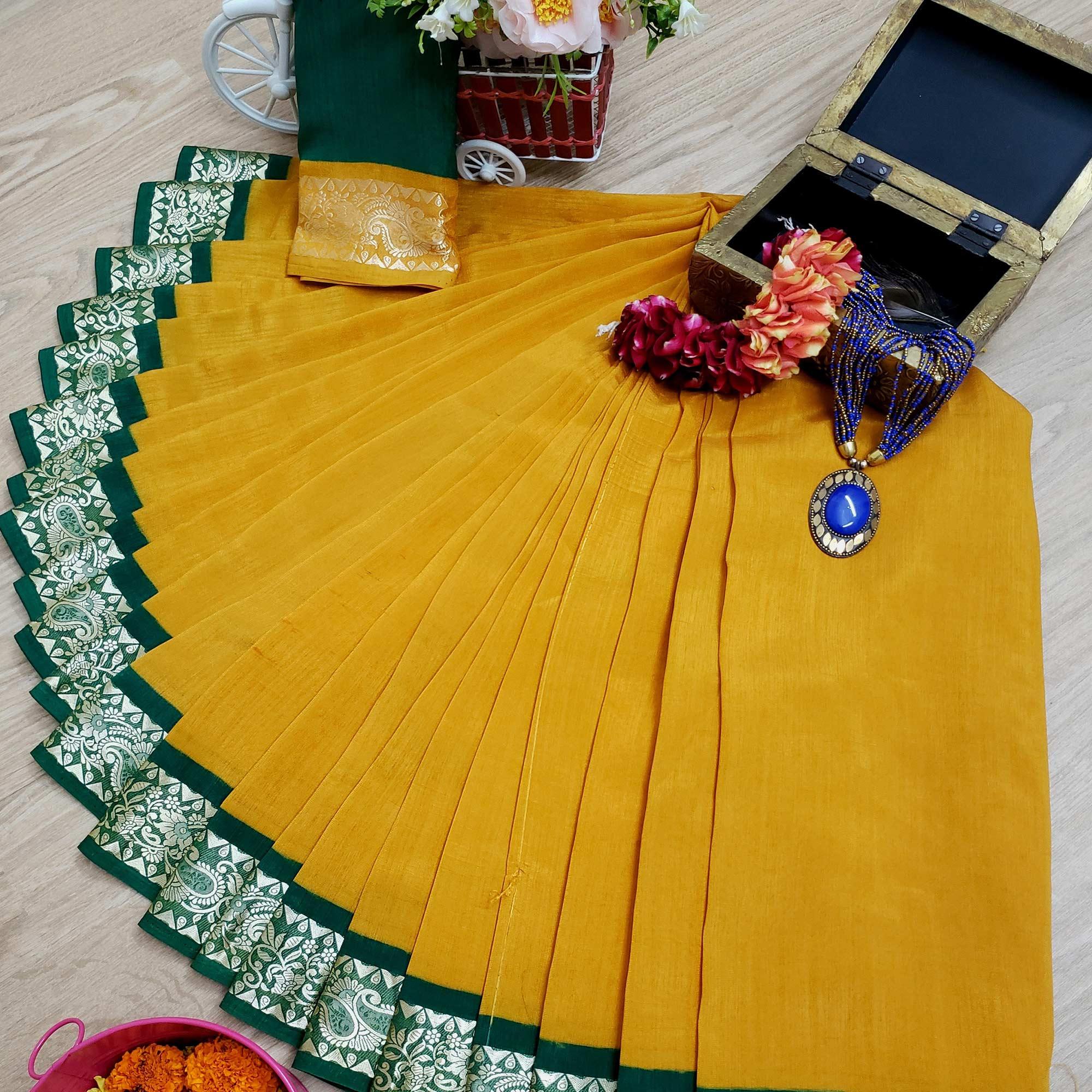 Glowing Mustard Colored Festive Wear Woven Soft Vichitra Silk Saree - Peachmode