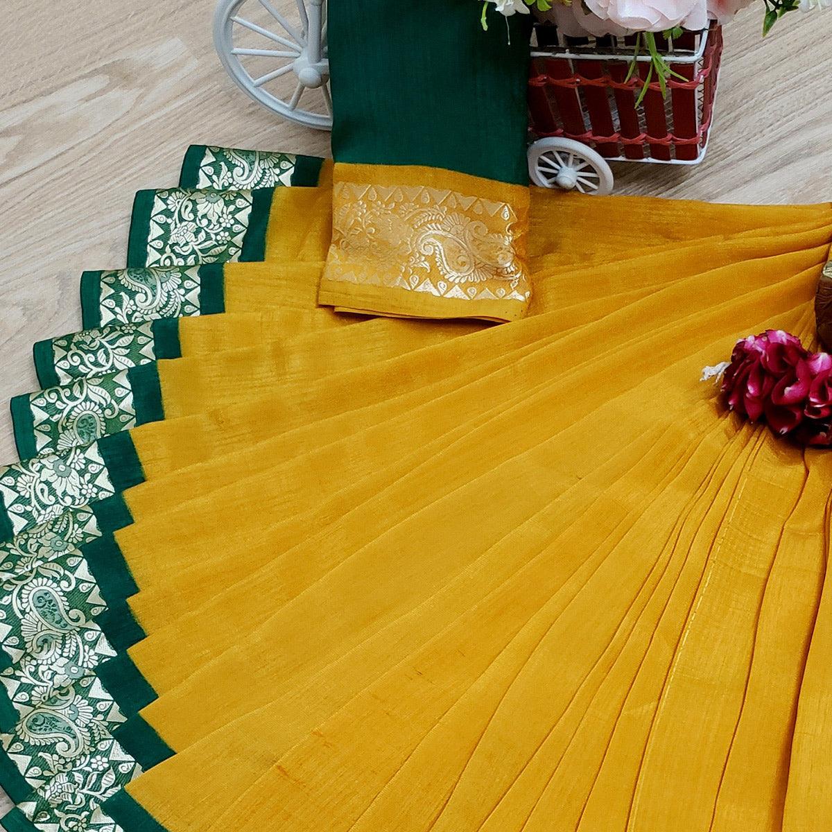 Glowing Mustard Colored Festive Wear Woven Soft Vichitra Silk Saree - Peachmode