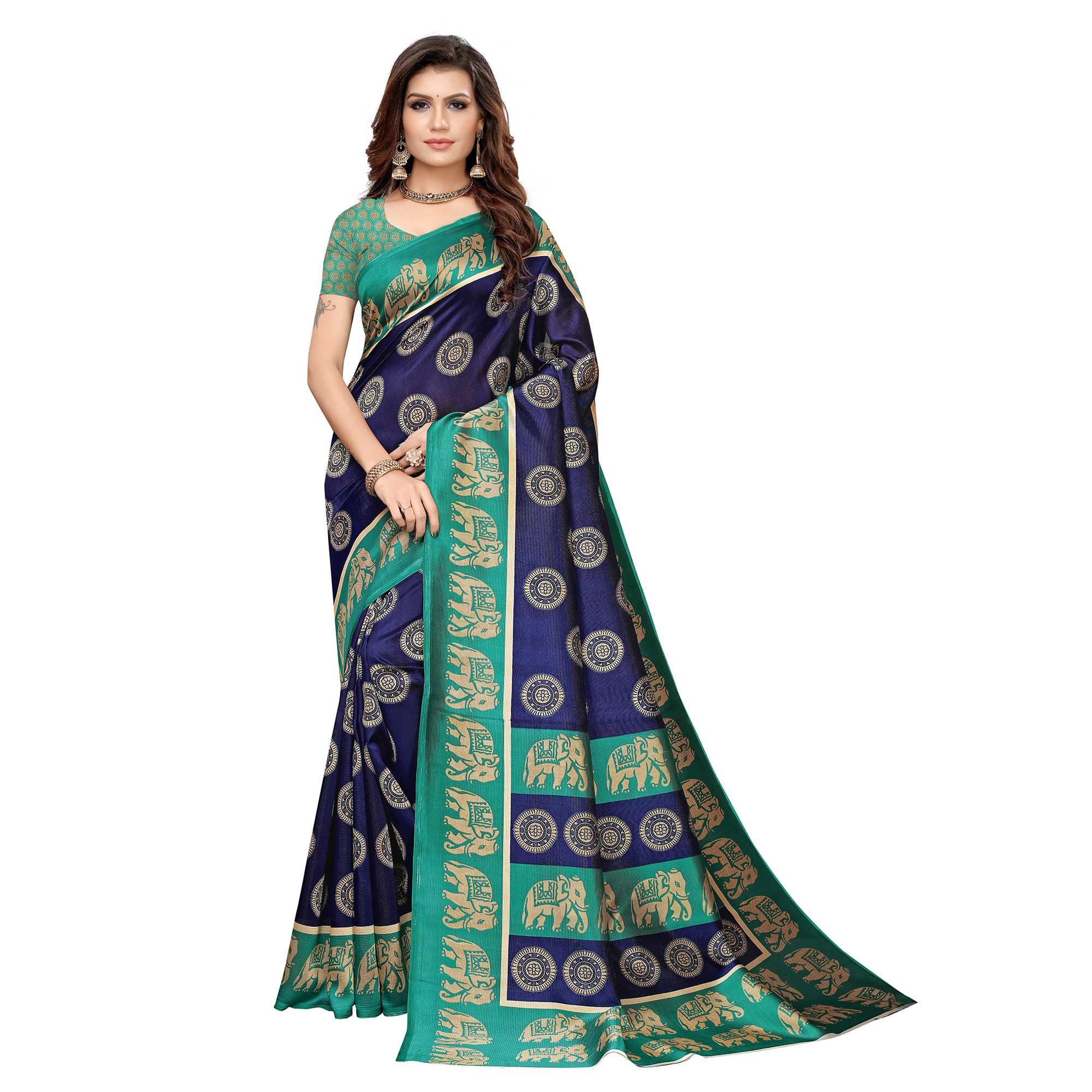 Glowing Navy Blue Colored Casual Printed Art Silk Saree - Peachmode