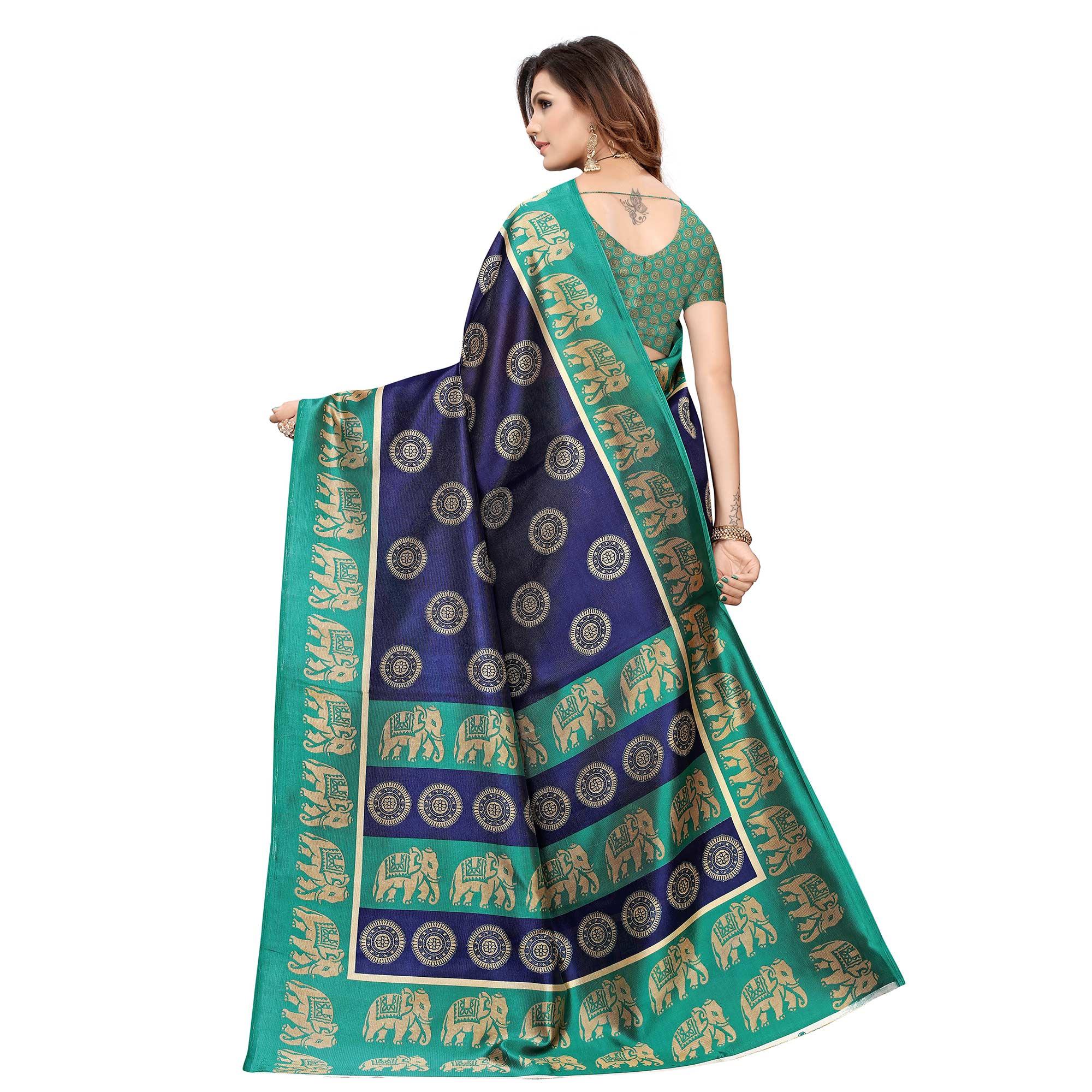 Glowing Navy Blue Colored Casual Printed Art Silk Saree - Peachmode
