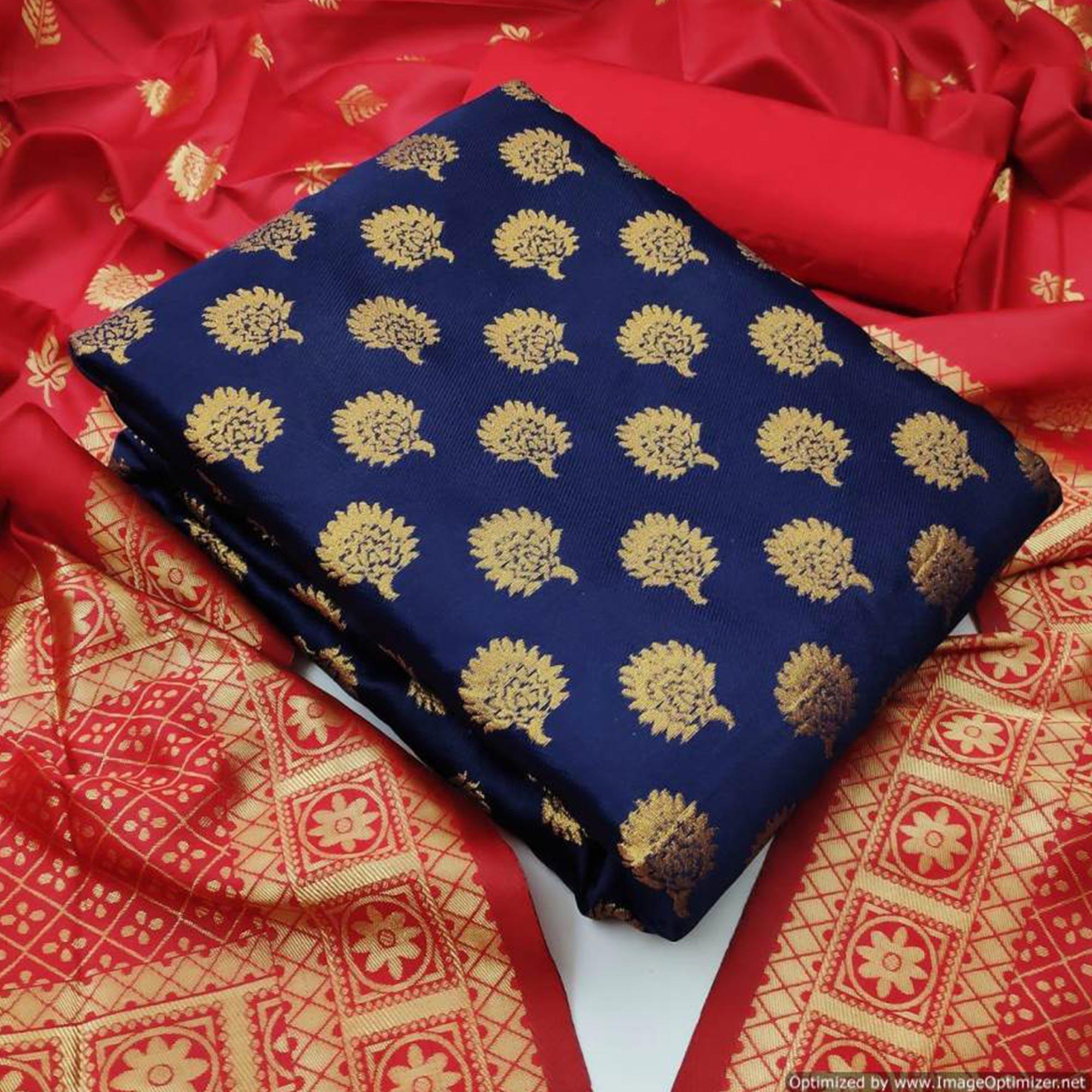 Glowing Navy Blue Colored Casual Wear Banarasi Silk Dress Material - Peachmode
