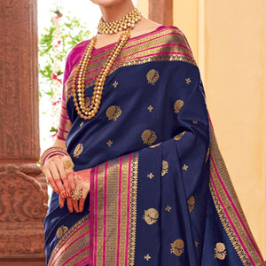 Glowing Navy Blue Colored Festive Wear Woven Silk Saree - Peachmode