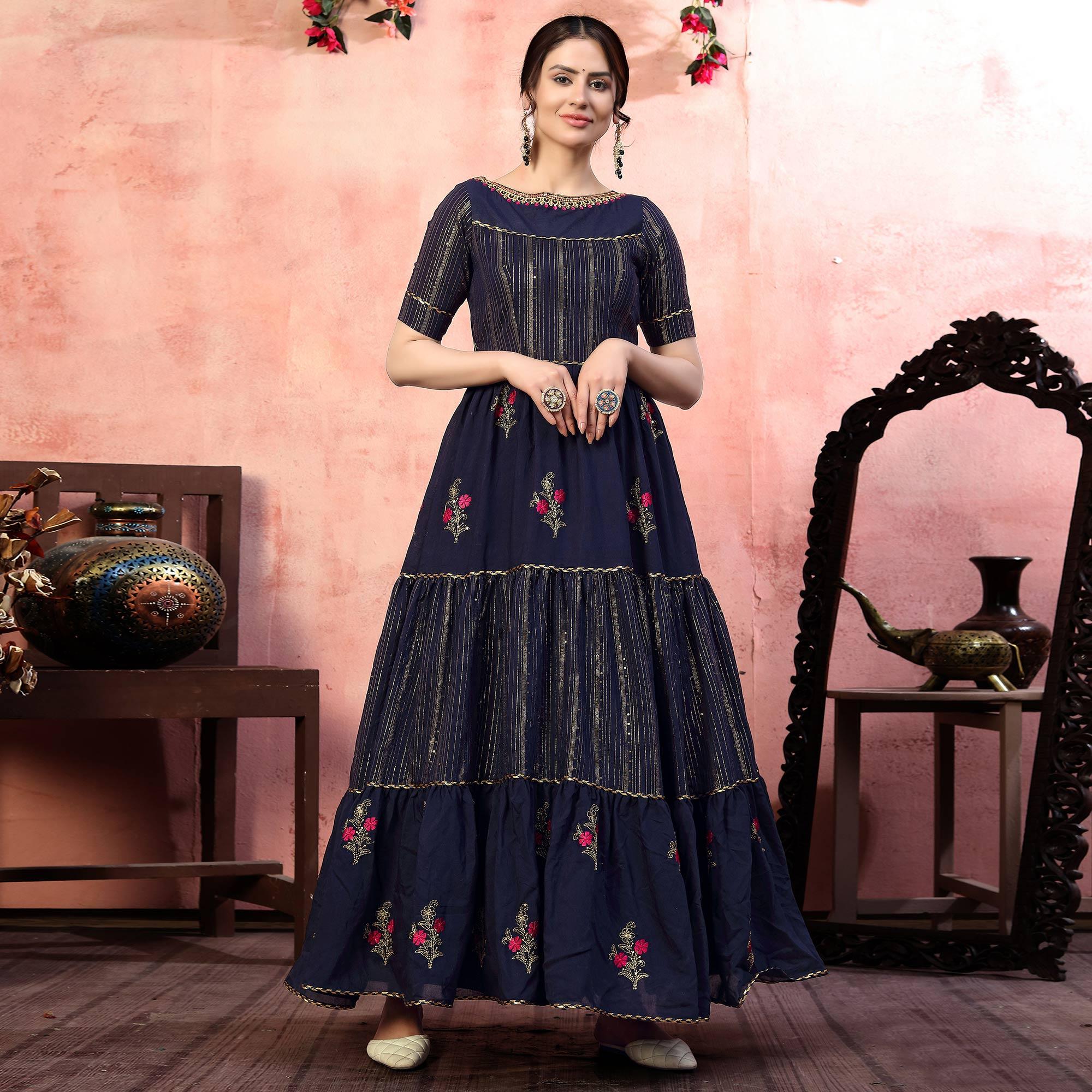 Glowing Navy Blue Colored Party Wear Embroidered Silk Anarkali Long Gown - Peachmode