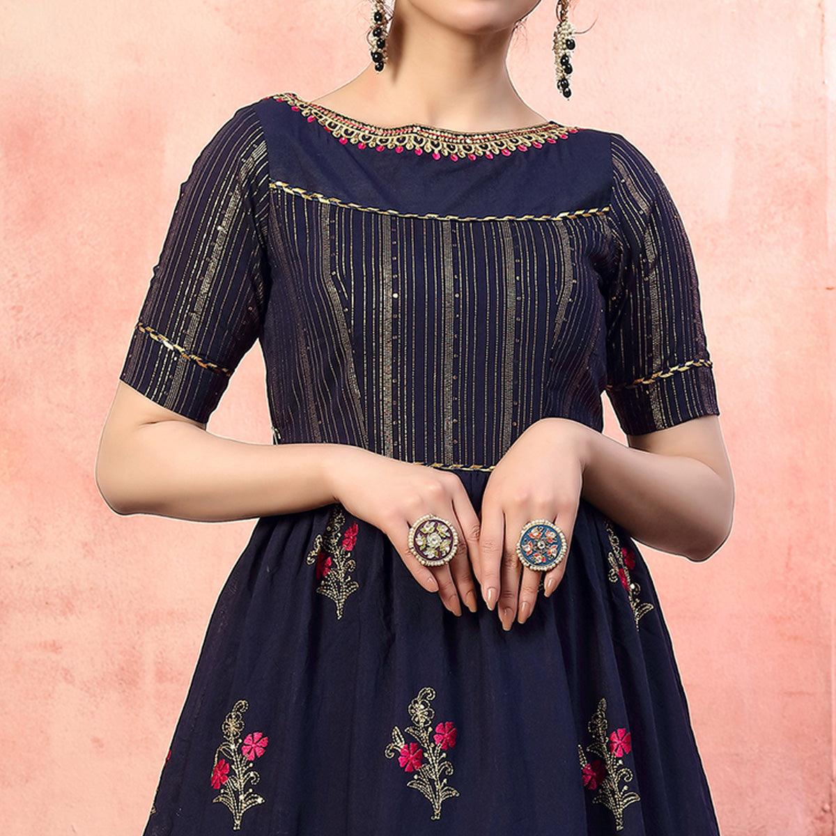 Glowing Navy Blue Colored Party Wear Embroidered Silk Anarkali Long Gown - Peachmode