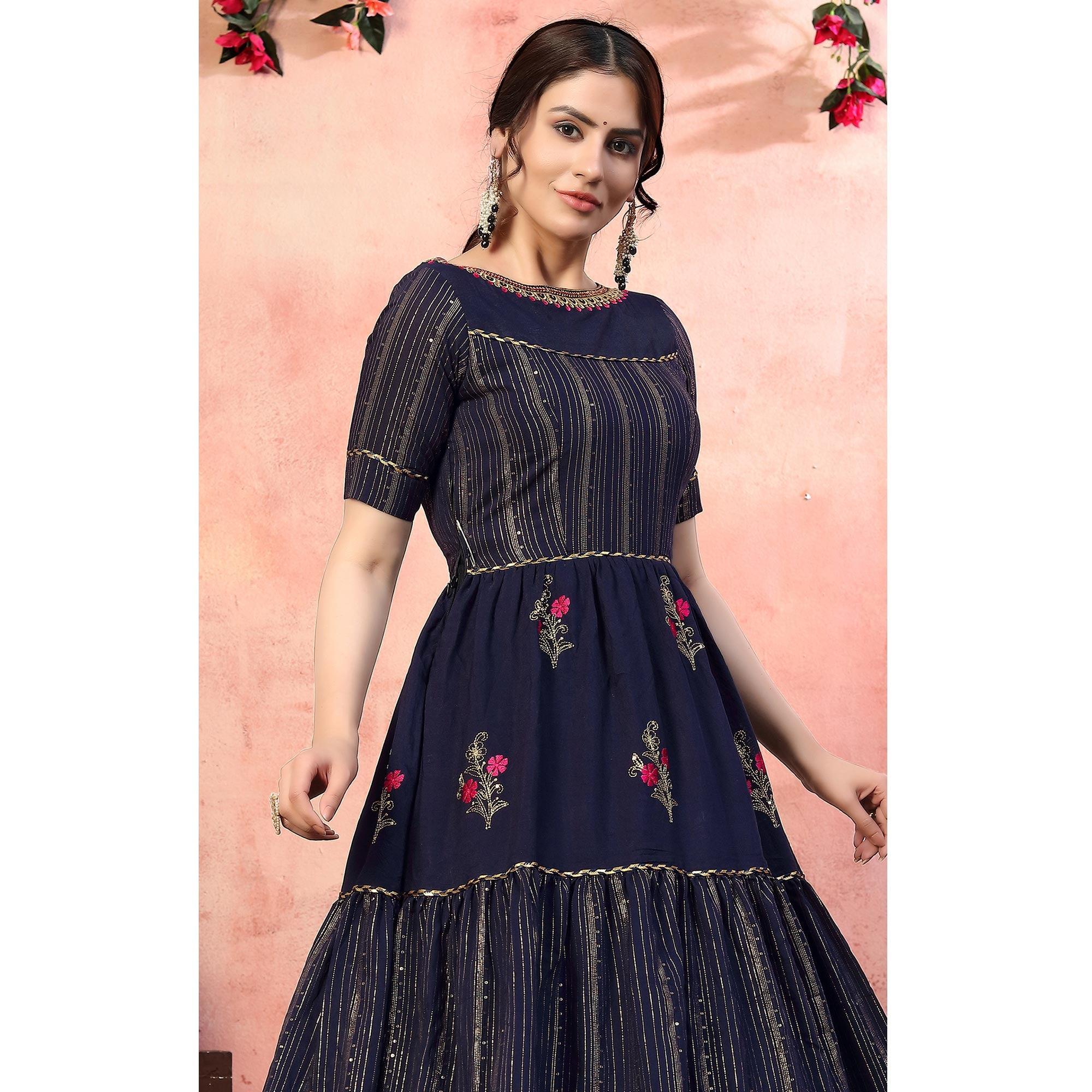 Glowing Navy Blue Colored Party Wear Embroidered Silk Anarkali Long Gown - Peachmode