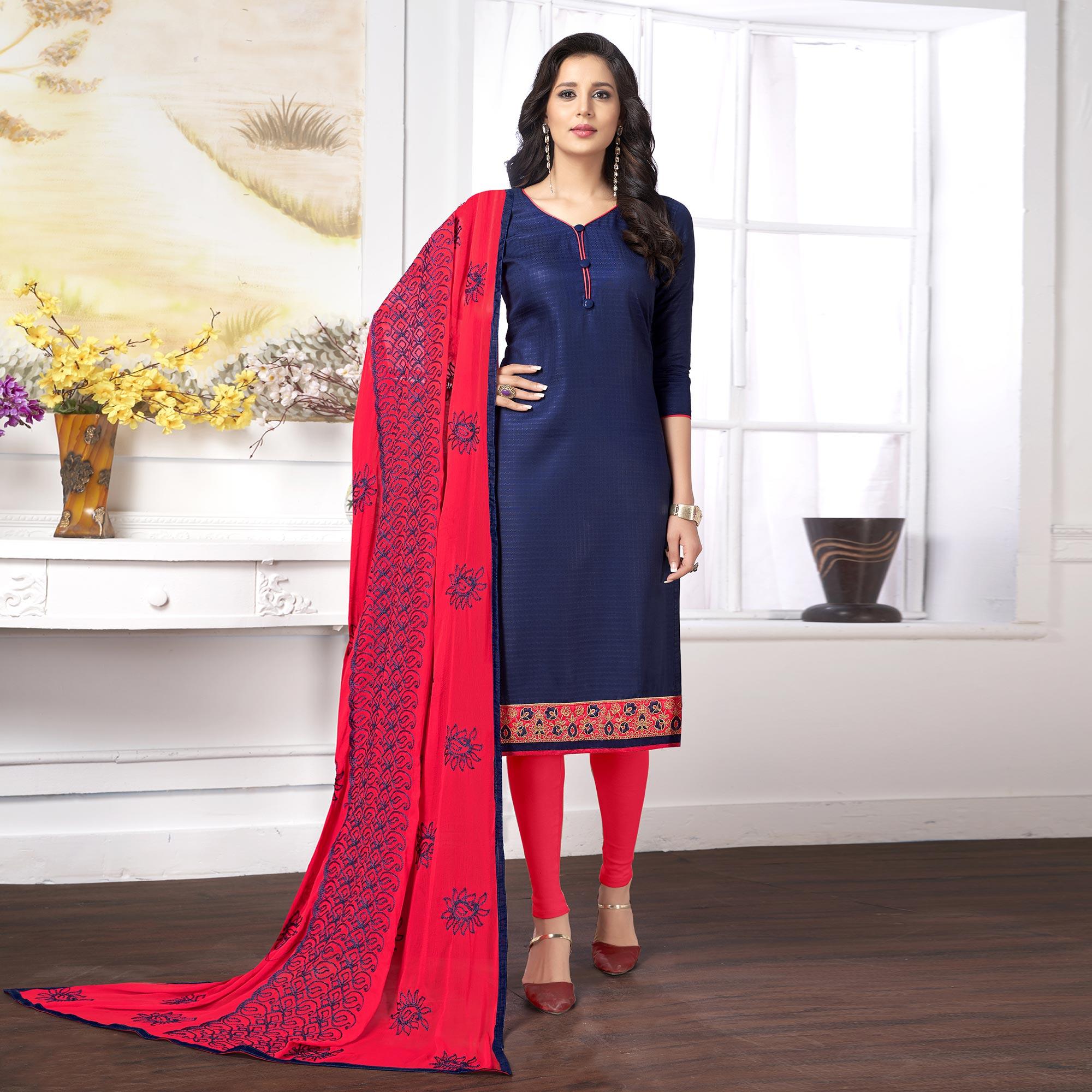 Glowing Navy Blue Colored Partywear Embroidered Cotton Suit - Peachmode