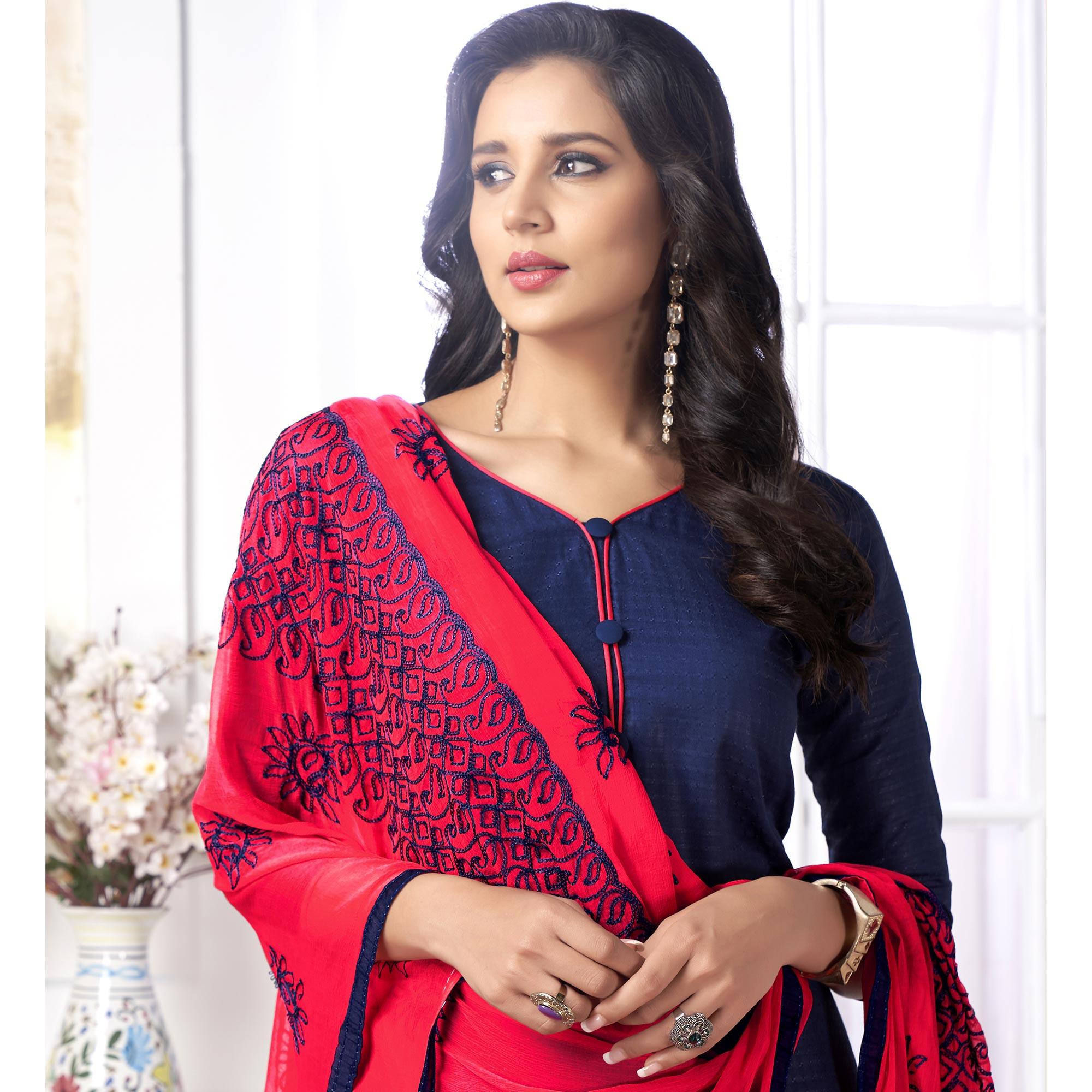 Glowing Navy Blue Colored Partywear Embroidered Cotton Suit - Peachmode