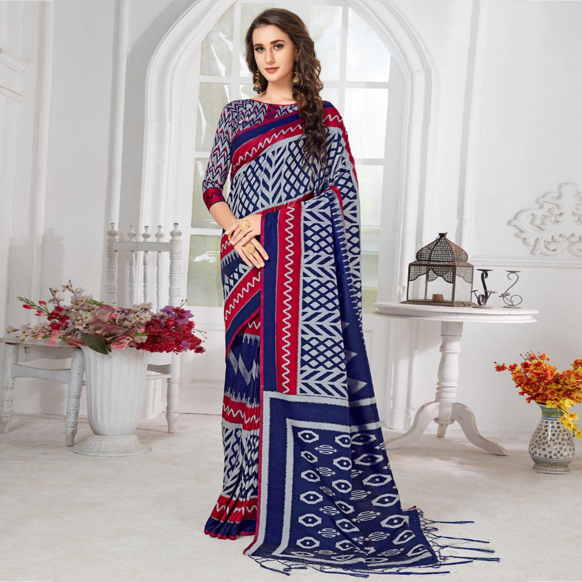 Glowing Navy Blue-Grey Colored Casual Chervon Printed Cotton Saree - Peachmode