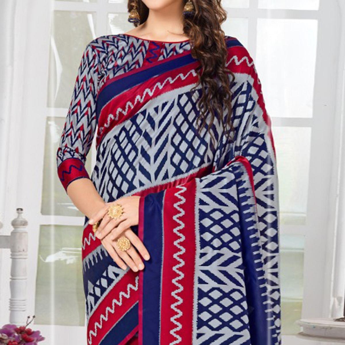 Glowing Navy Blue-Grey Colored Casual Chervon Printed Cotton Saree - Peachmode