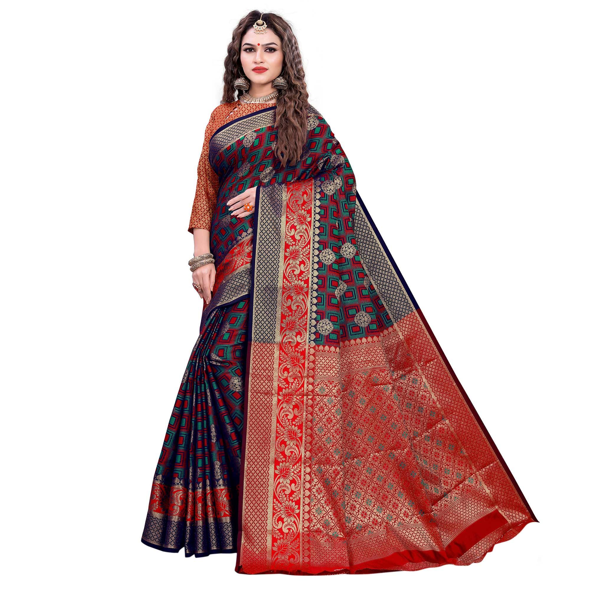 Glowing Navy Blue-Red Colored Festive Wear Woven Cotton Silk Jacquard Saree - Peachmode