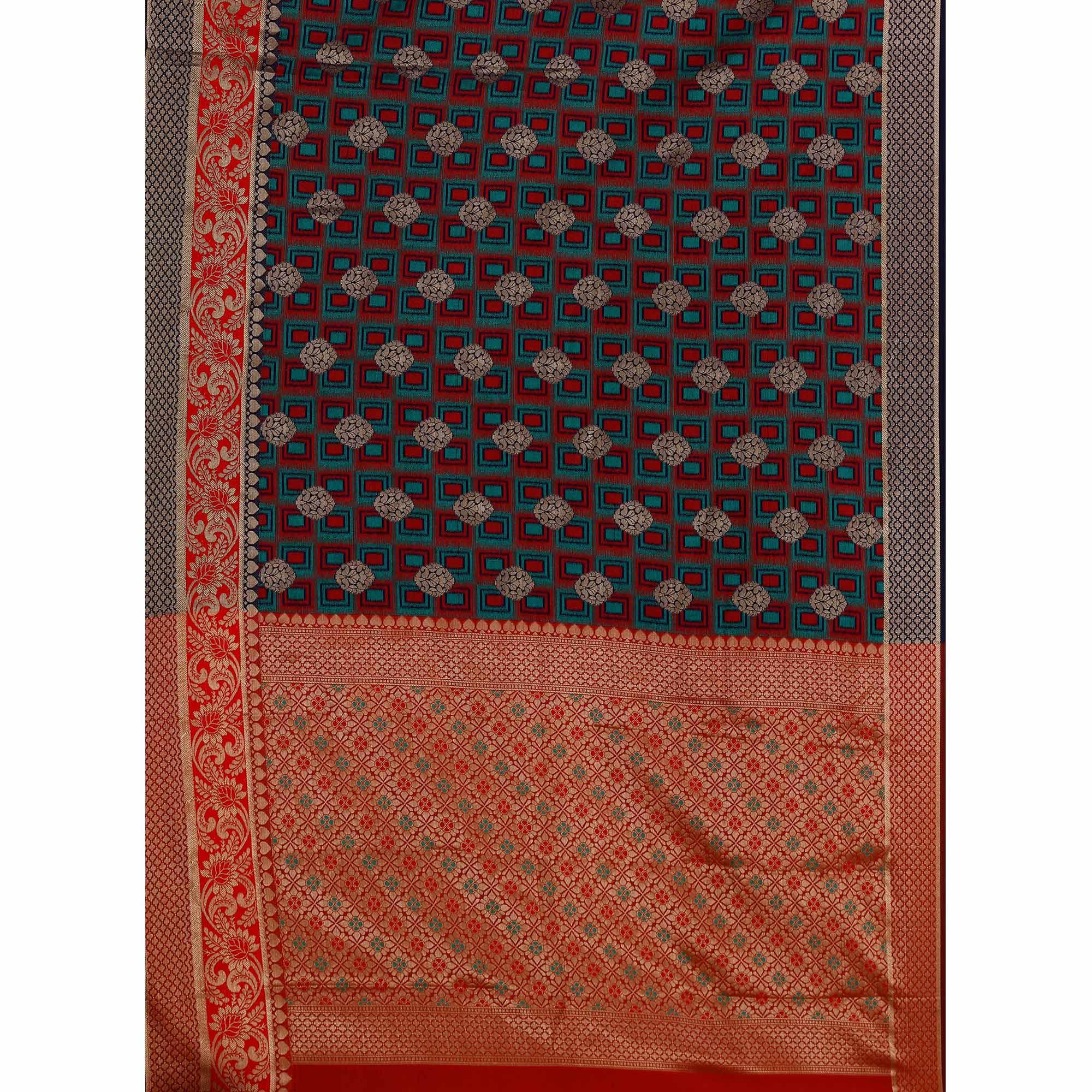 Glowing Navy Blue-Red Colored Festive Wear Woven Cotton Silk Jacquard Saree - Peachmode