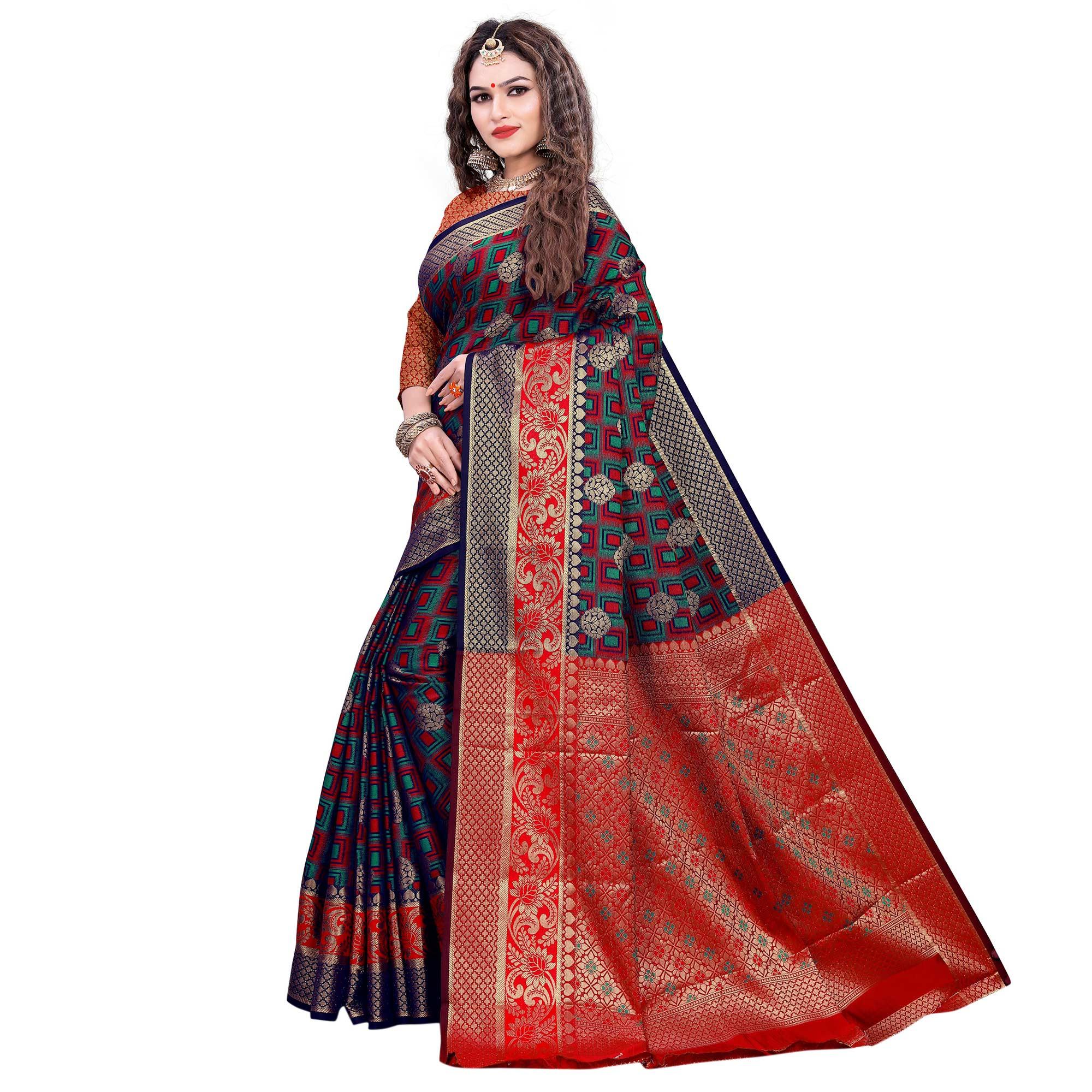 Glowing Navy Blue-Red Colored Festive Wear Woven Cotton Silk Jacquard Saree - Peachmode