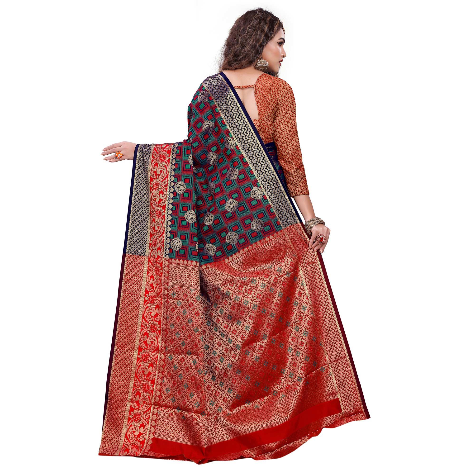 Glowing Navy Blue-Red Colored Festive Wear Woven Cotton Silk Jacquard Saree - Peachmode