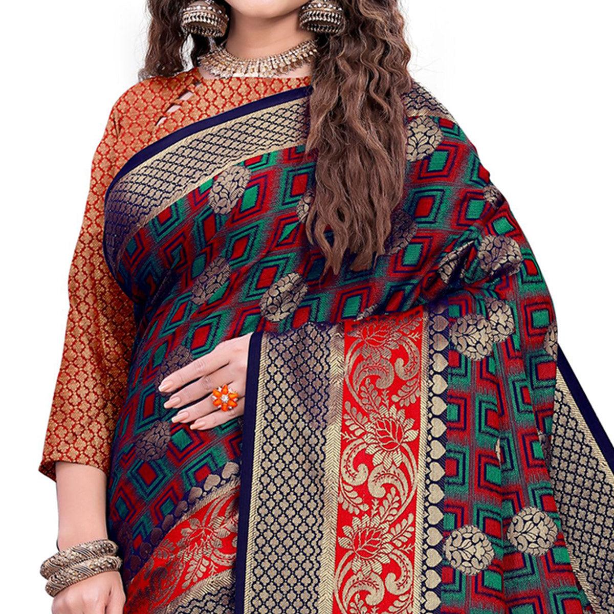 Glowing Navy Blue-Red Colored Festive Wear Woven Cotton Silk Jacquard Saree - Peachmode