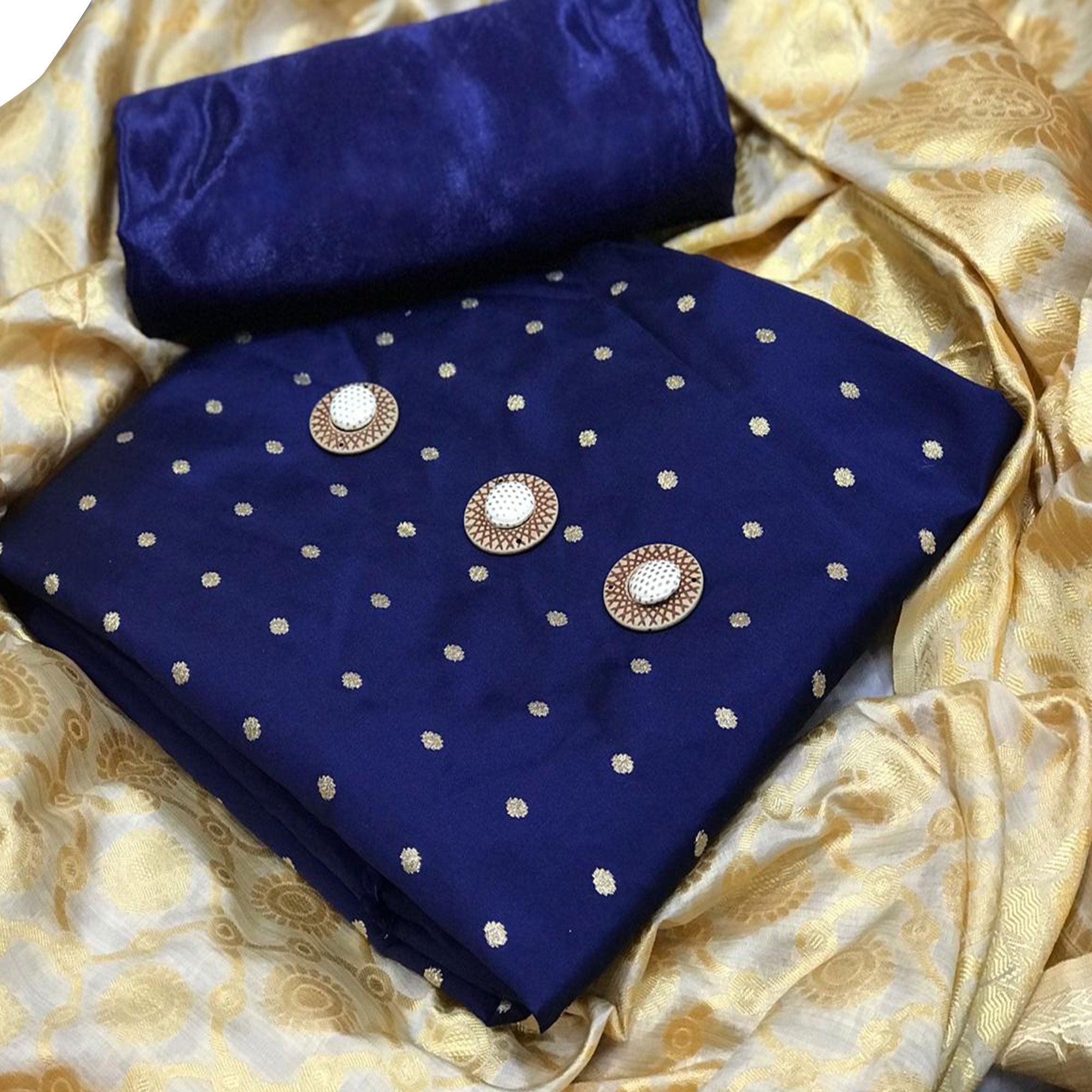 Glowing Navy Blue Woven Satin Dress Material With Banarasi Silk Dupatta - Peachmode