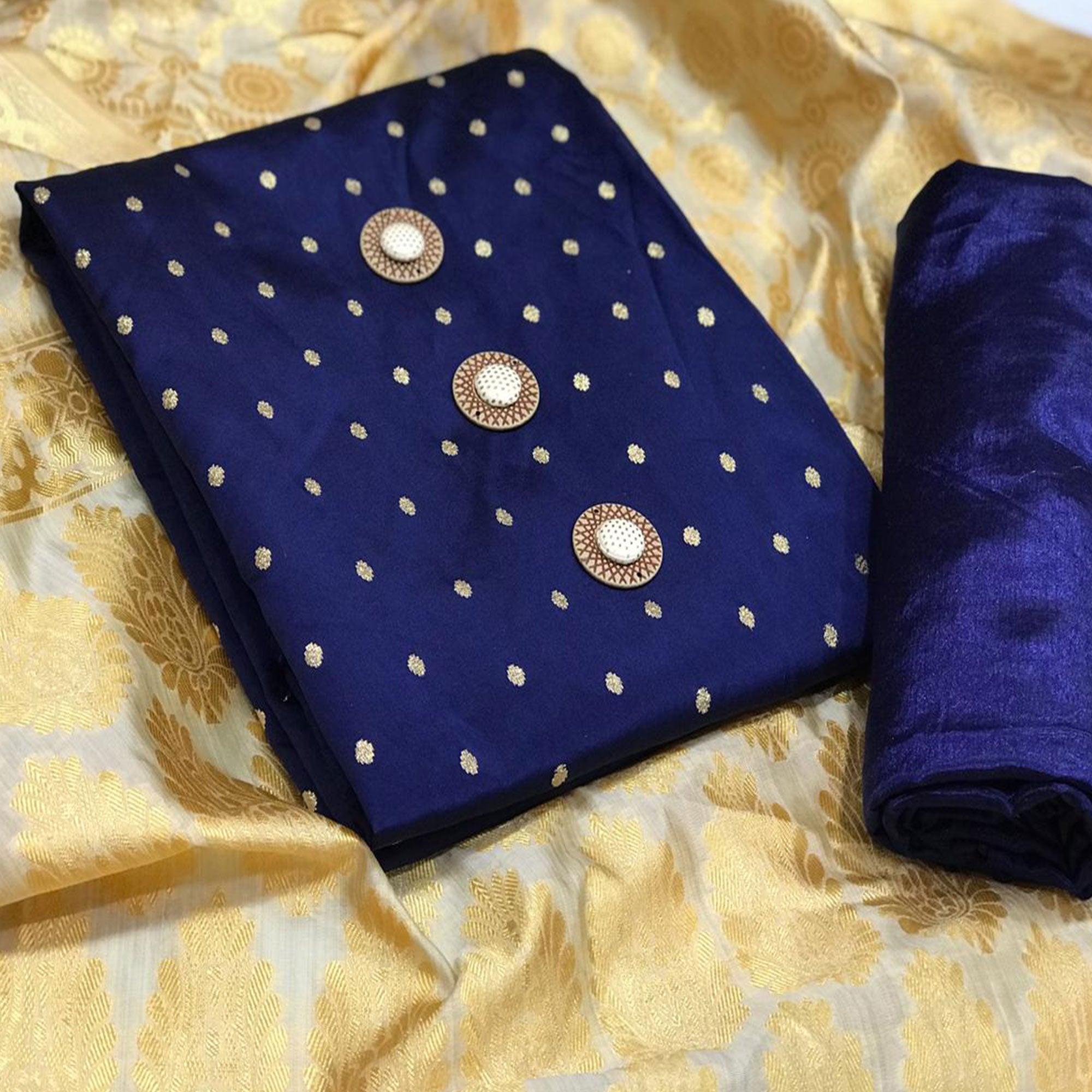 Glowing Navy Blue Woven Satin Dress Material With Banarasi Silk Dupatta - Peachmode