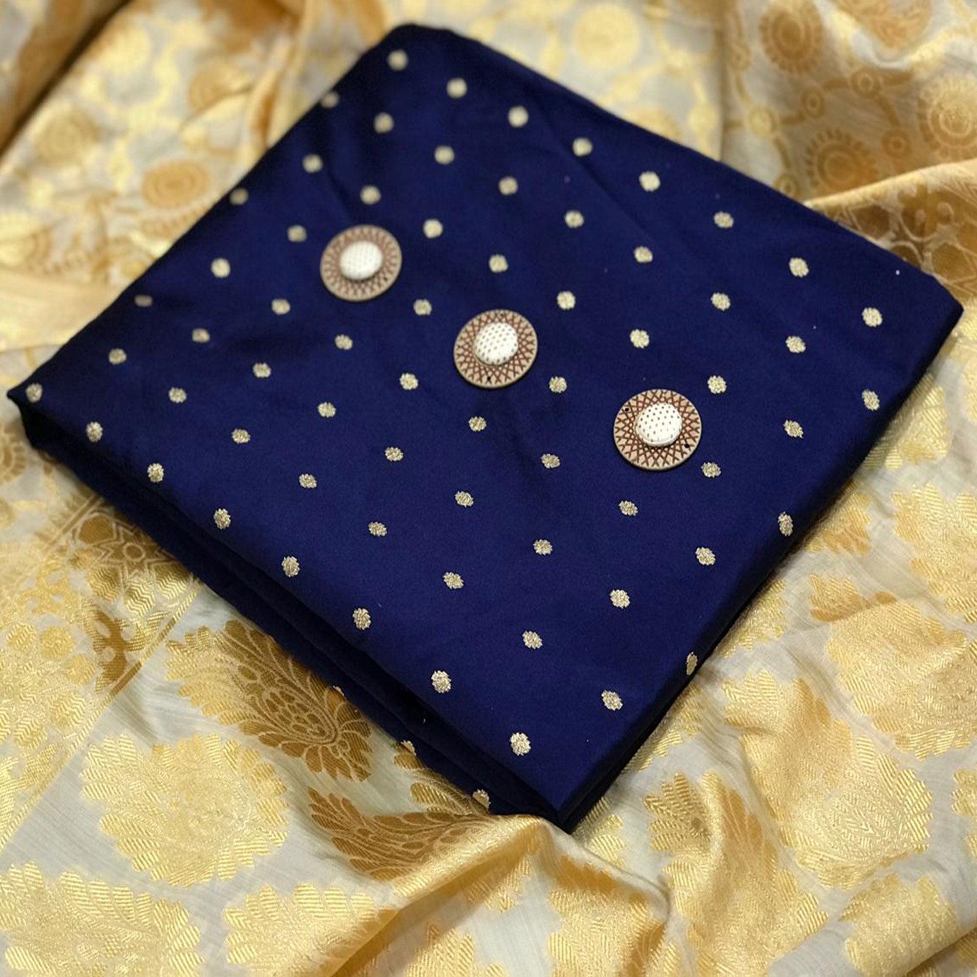 Glowing Navy Blue Woven Satin Dress Material With Banarasi Silk Dupatta - Peachmode