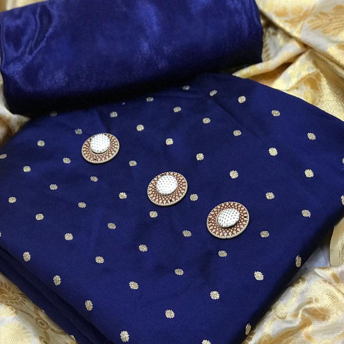 Glowing Navy Blue Woven Satin Dress Material With Banarasi Silk Dupatta - Peachmode